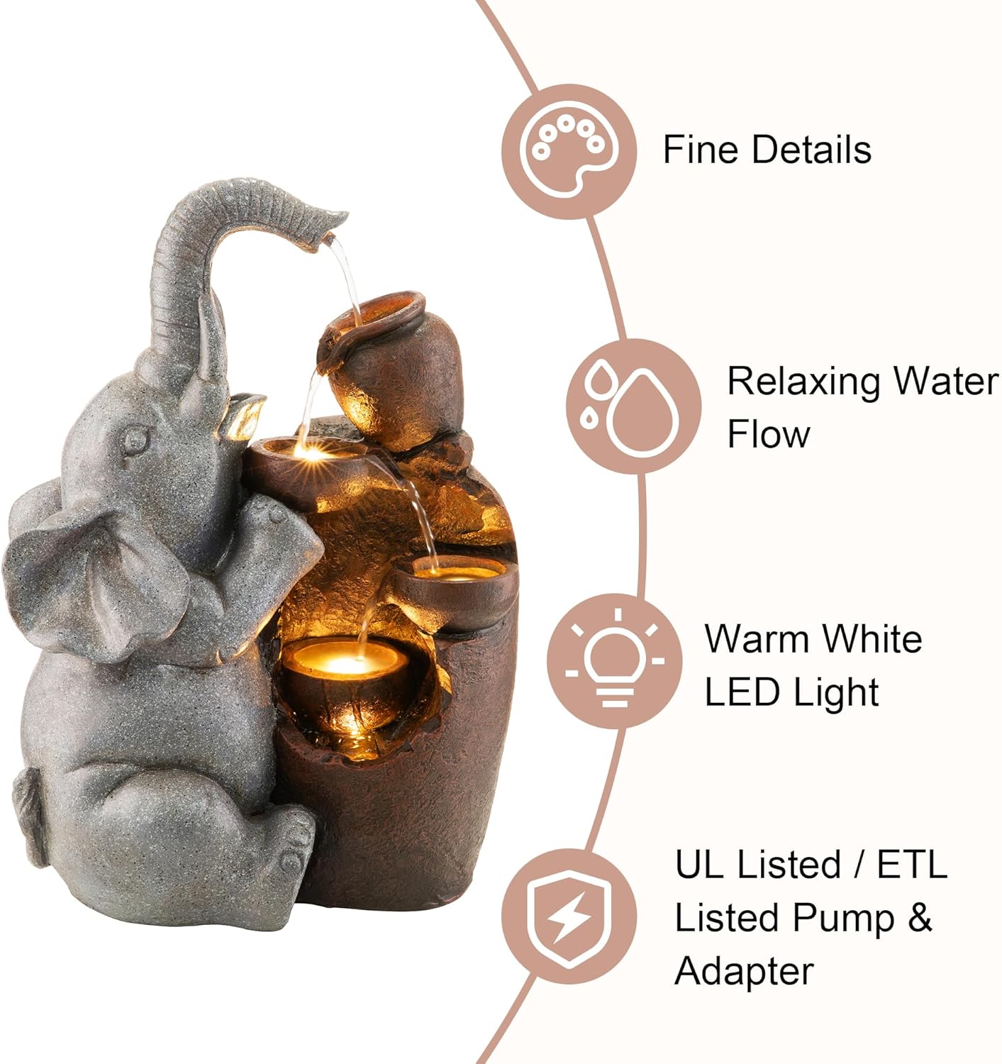 Glitzhome Outdoor Water Fountain, 4-Tiered Elephant and Pot Outdoor Fountain with Lights, 18.5" H Polyresin Decorative Waterfall Feature Garden Fountain with Pump for Patio, Yard, Deck, Porch Decor