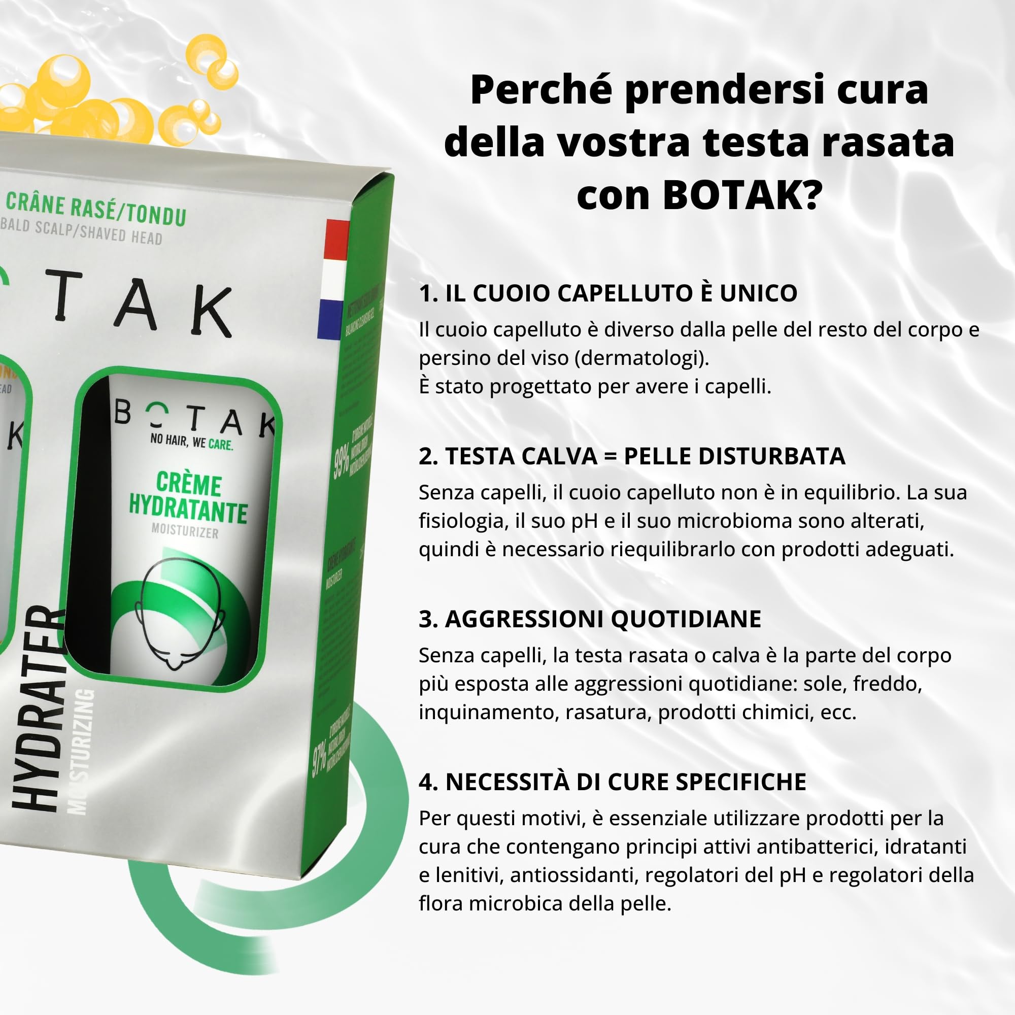 BOTAK Cofanetto Regalo Routine Quotidiana Testa Rasata e Calva | Francese | Detergente equilibrante 99% e Crema Idratante 97% di origine naturale, Vegan, Regalo ideale per Uomo e Papà
