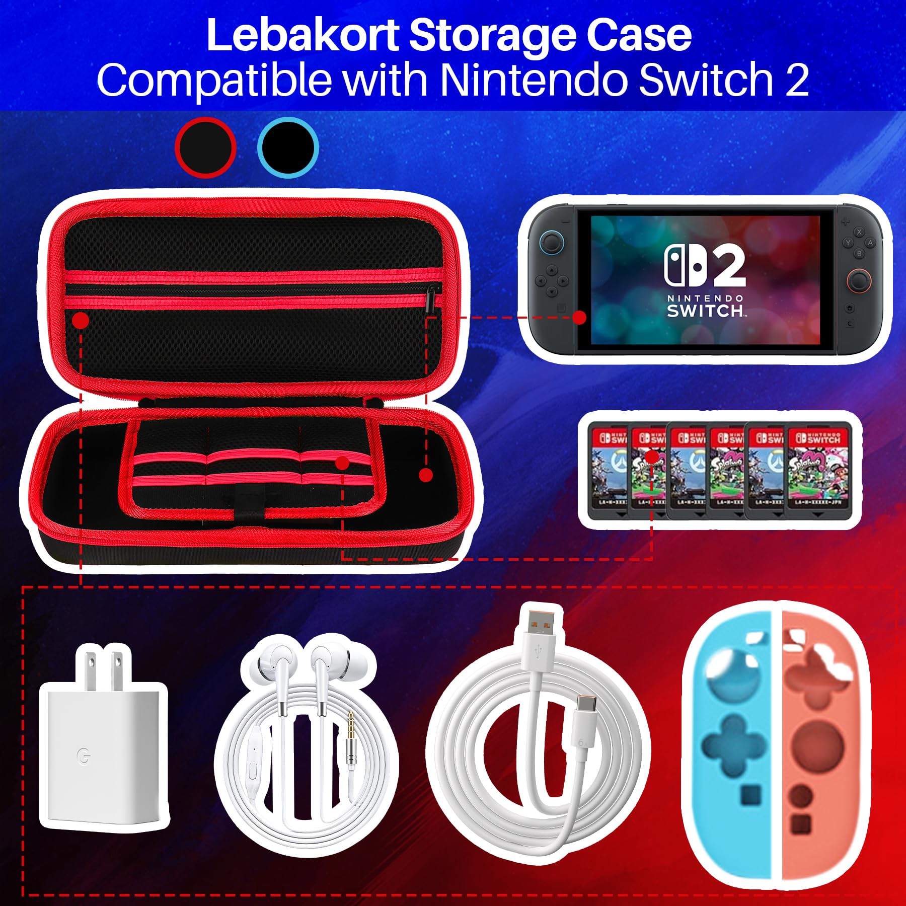 Lebakort Dur Étui Housse Cas Compatible avec Nintendo Switch 2 (Noir + Rouge)
