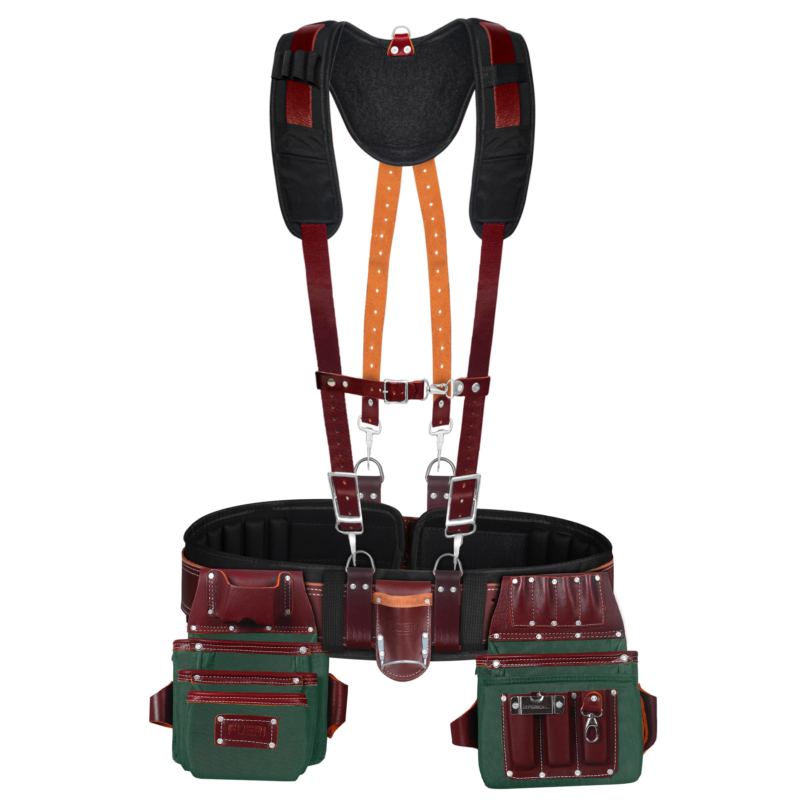 FUERI Electrician's Heavy Duty 26 Pocket Leather-Nylon Tool Belt & Suspender Combo, Comfort Back Support Padded Belt, 2 Large Storage Capacity Pouches