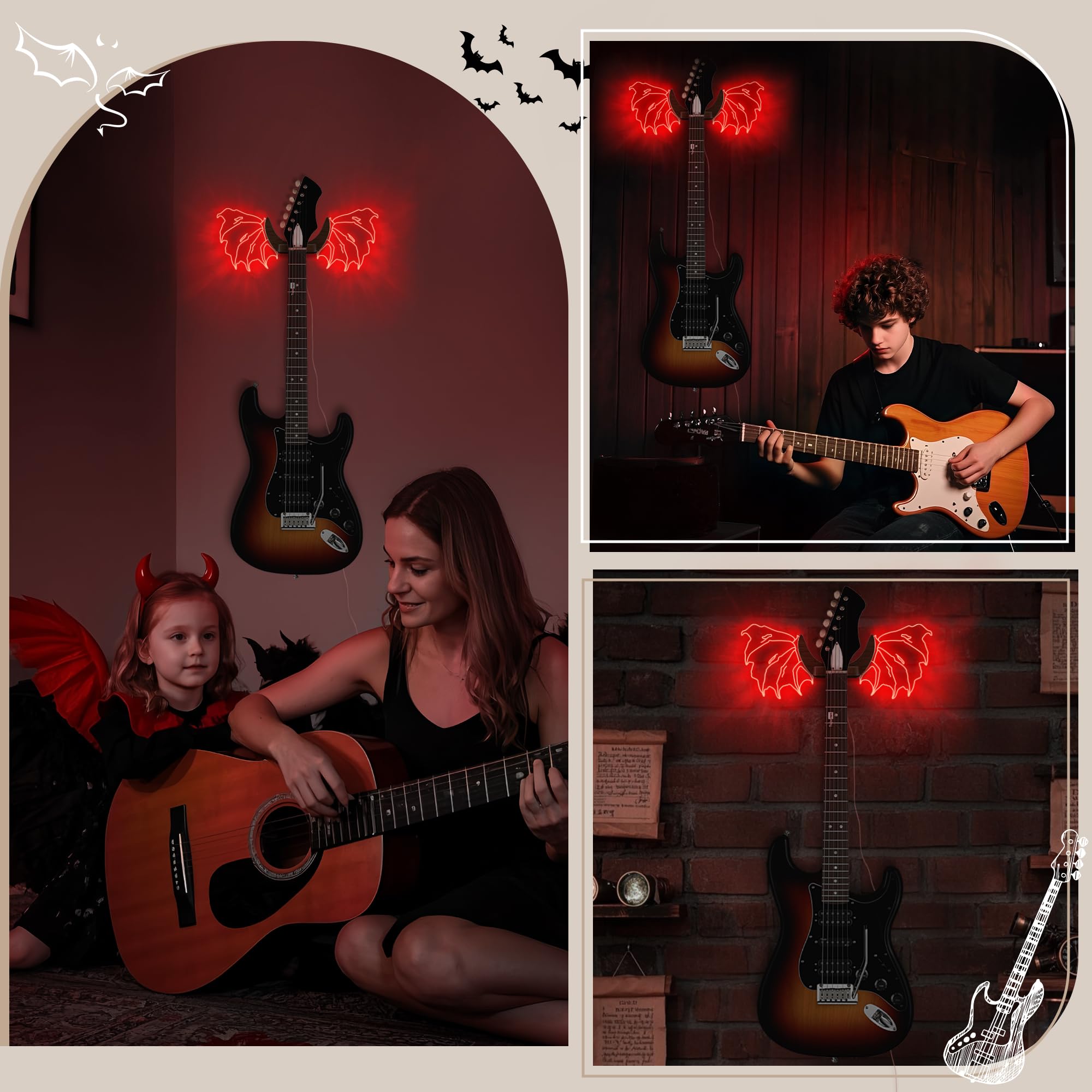 CoolGift Mart Guitar Stand Wall Mount with Luminous Devil Wings, Acrylic Wooden Guitar Hanger Shelf with USB Powered - Image 3
