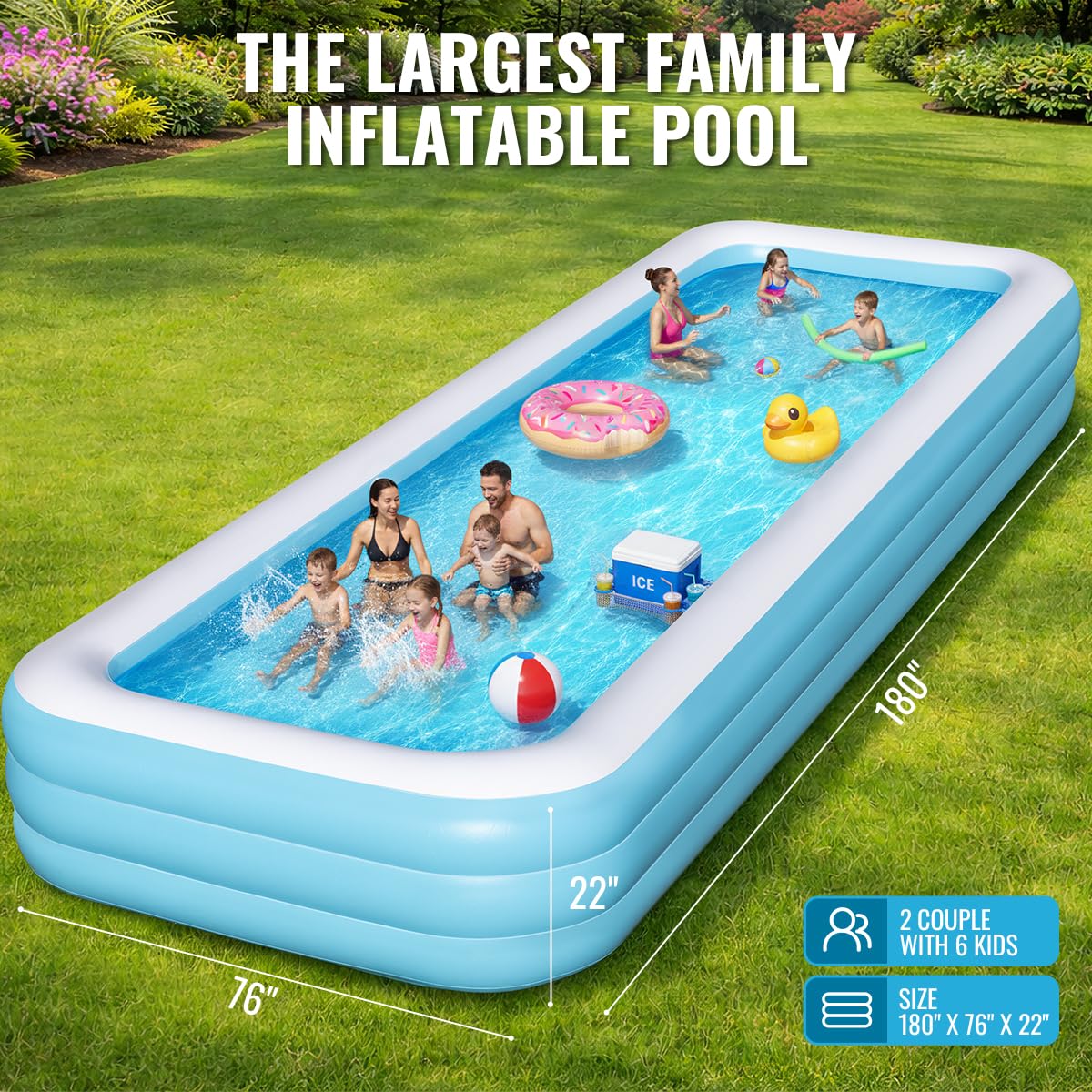 Großer aufblasbarer Pool, 457,2 x 193 x 55,9 cm, übergroßer Swimmingpool für Kinder und Erwachsene, Familien-aufblasbarer Pool mit Luftpumpe, langlebig, verdickter Hinterhof-Kinderpool für Outdoor
