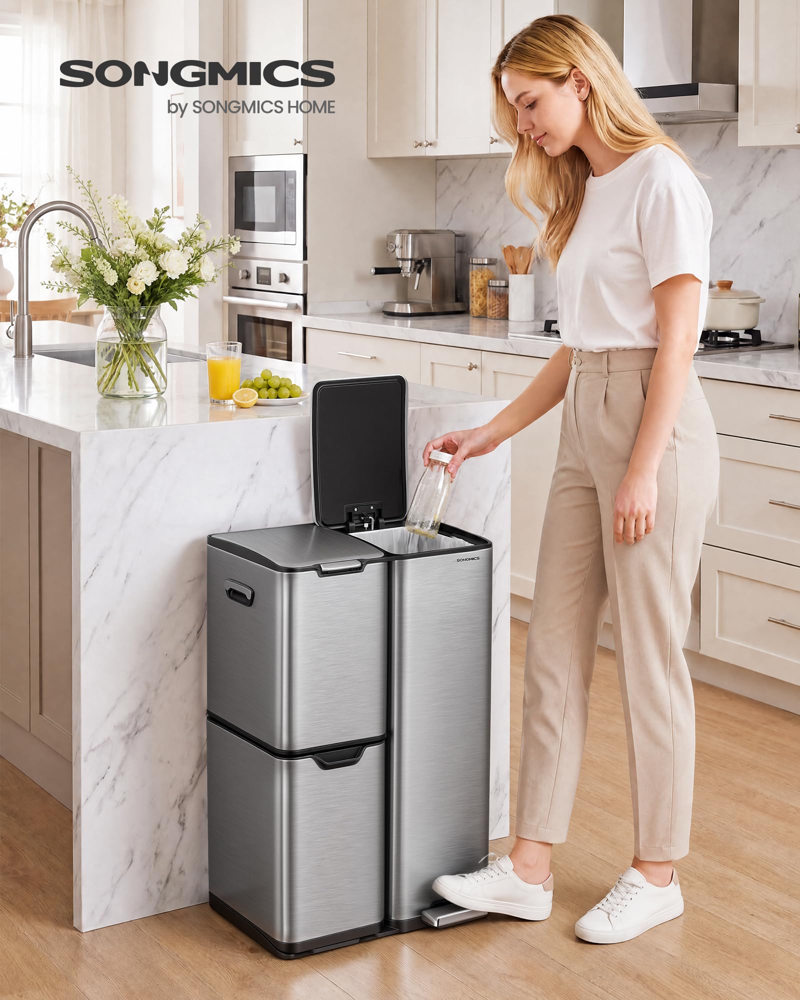 SONGMICS Poubelle Cuisine, Tri Sélectif, 3 Bacs, 60L, Acier