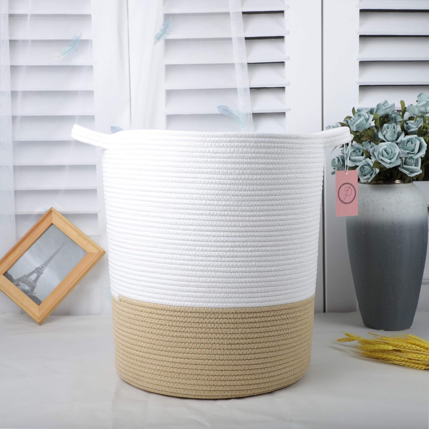 Large Woven Rope Throw Blanket Storage Basket-Triple Stitch Handle for Durability-Decorative Living Room Storage for Toys, Dog Toy, Laundry, Shoes, Towels, Pillow