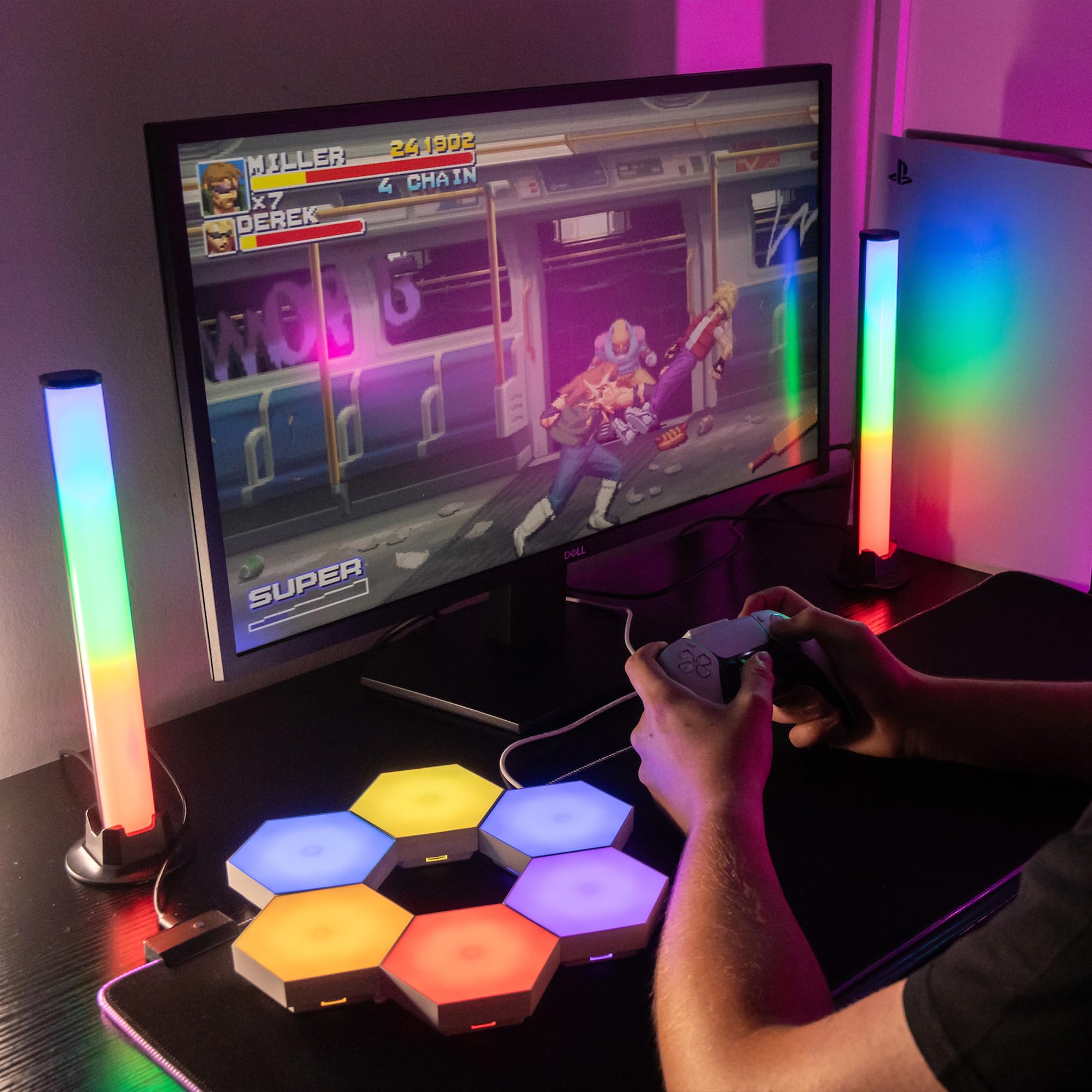 Numskull 6-Piece LED Hexagon Gaming Light Panels, Colour Changing Ambient Lighting via Touch - Image 3