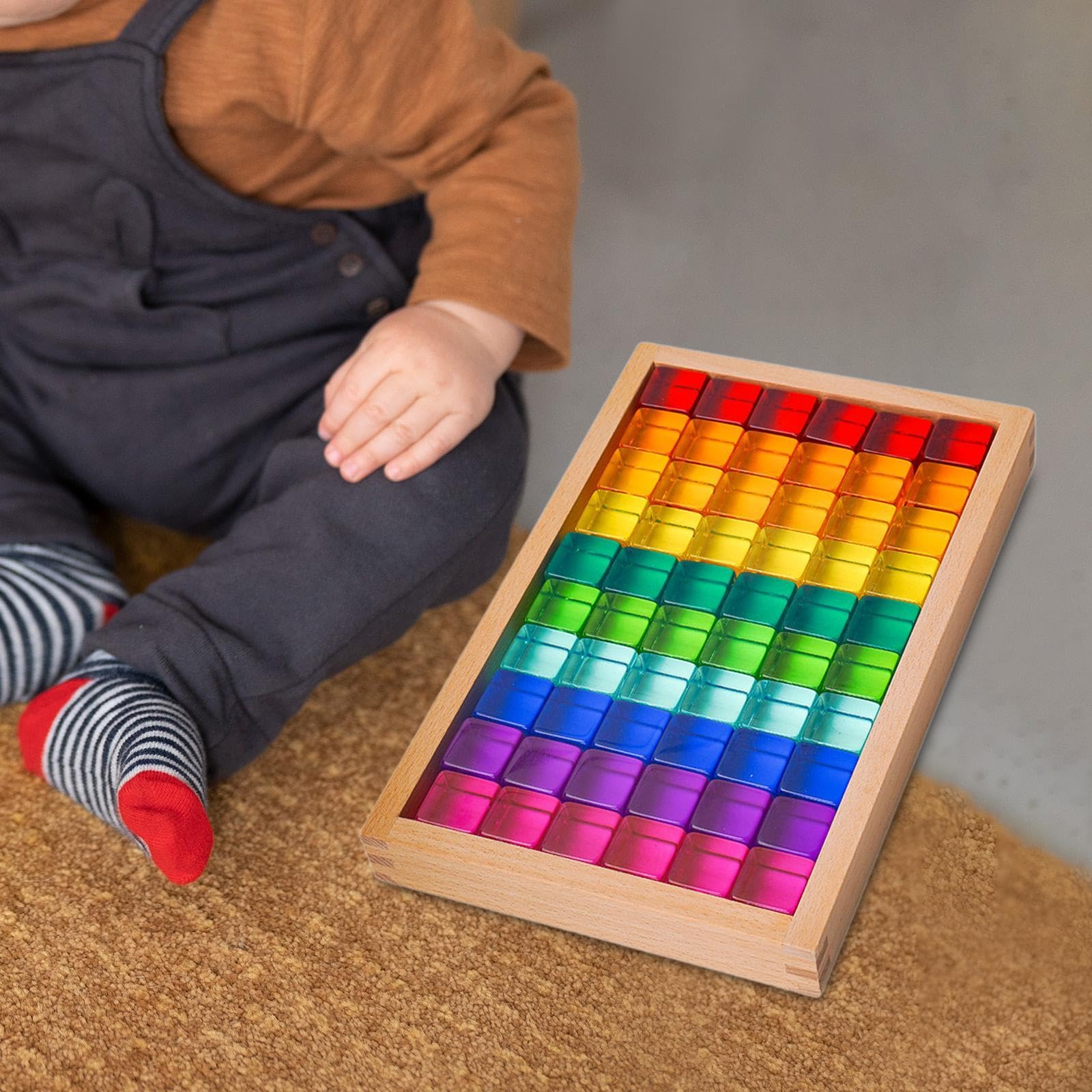 Regenbogen-Baustein-Set, Baustein-Set für Kinder, Montessori-Spielzeug, glatt, Regenbogen-Acryl-Würfel für Kleinkinder, Weihnachten