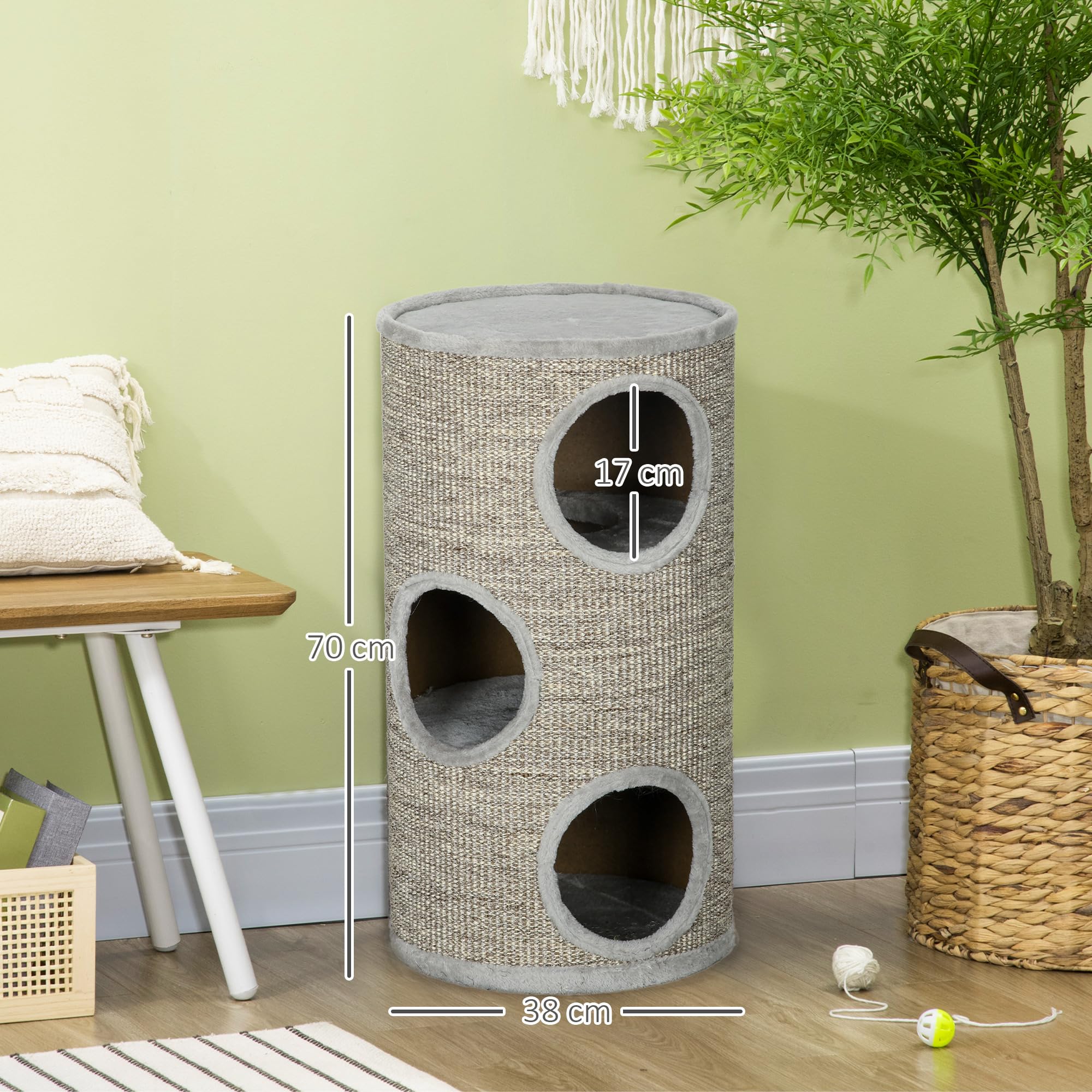 PawHut Barril Rascador para Gatos de 3 Niveles Torre Rascador para Gatos con 3 Entradas y Cubierta de Sisal Ø38x70 cm Gris Claro