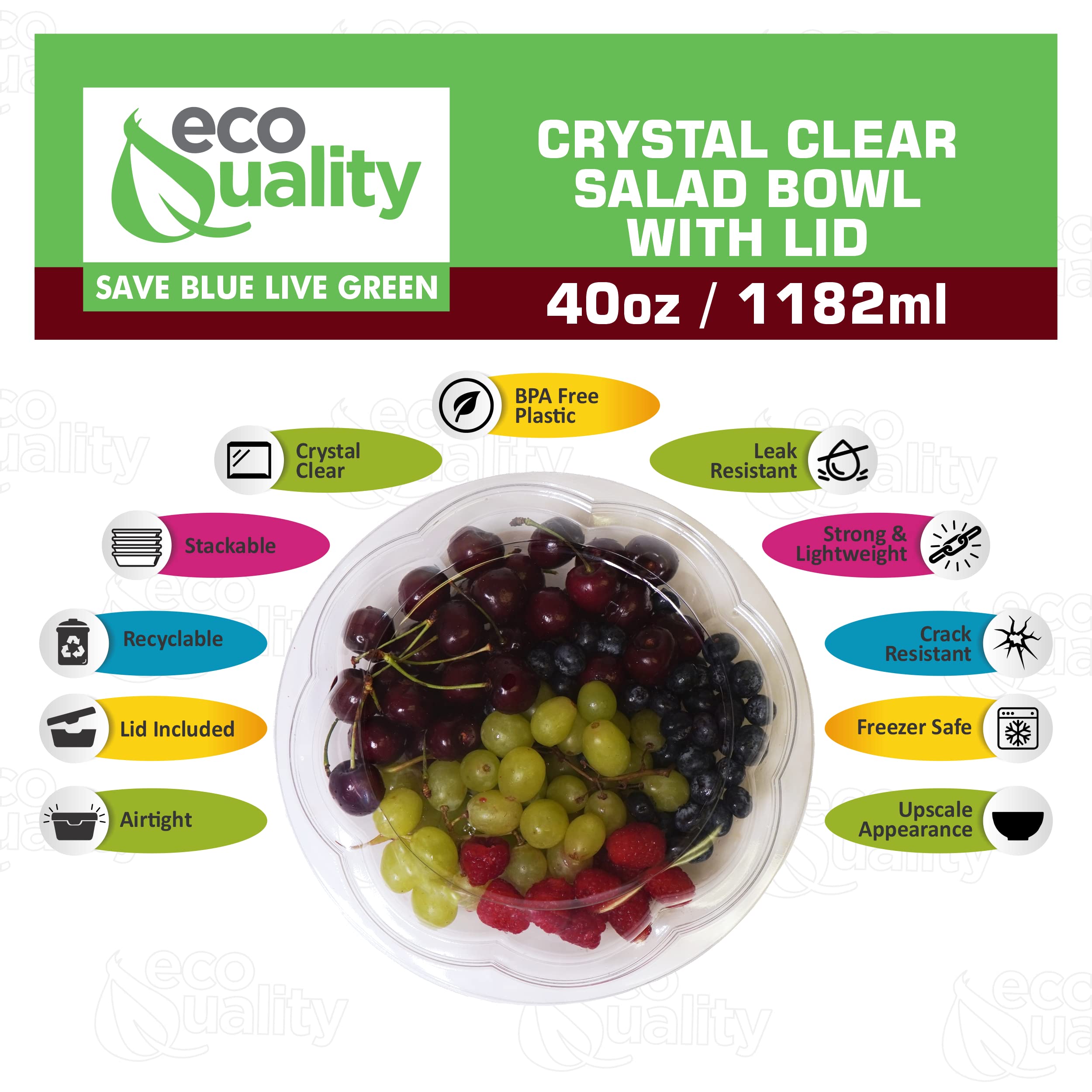 40oz Salad Bowls To-Go with Lids - Crystal Clear Plastic Disposable Salad Containers | Airtight, Lunch, Salads, Parfait, Fruits, Leak Proof, Airtight, Fresh, Meal Prep | Rose Bowl Container (25)