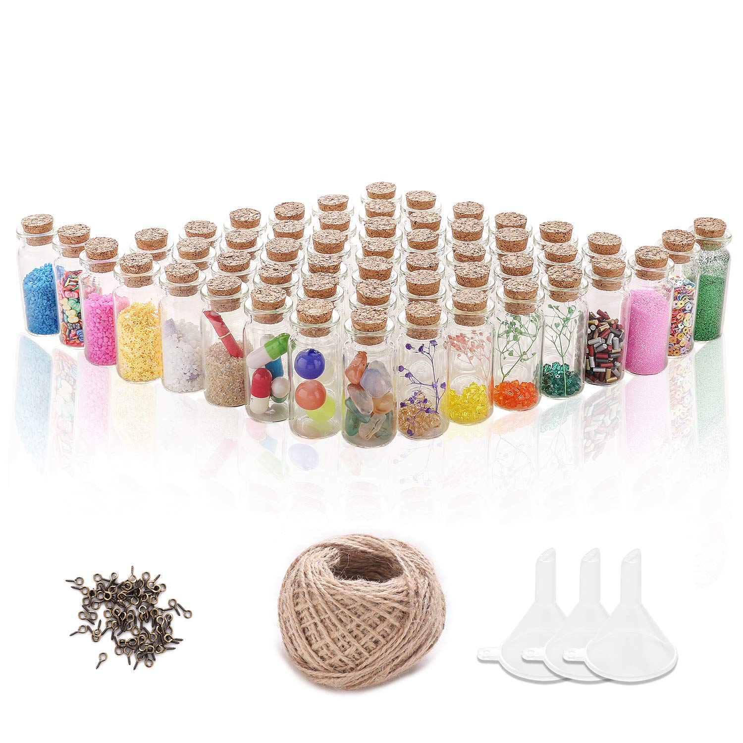 60pcs Mini Glass Bottles with Cork Stoppers Small Jars Favors for DIY Decor (60pcs Eye Screws,30 Meters Twine and 3pcs Funnel)
