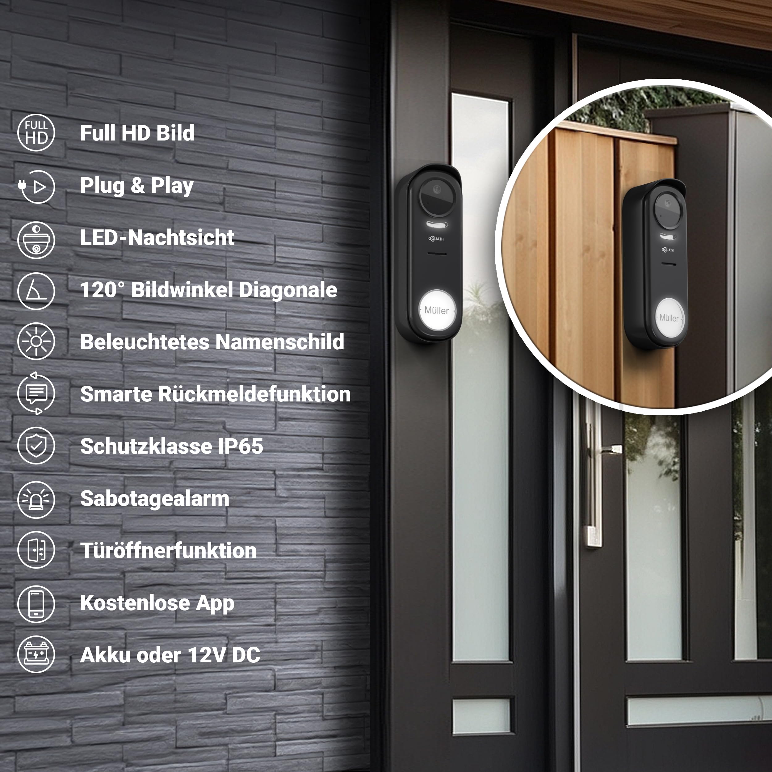GOLIATH® Funkklingel mit Kamera & Gegensprechanlage [MIT SMARTPHONE-APP] - Türklingel mit Full HD Kamera & Monitor Weiß - Video Sprech - & Klingelanlage mit Türöffner - Videotürklingel ohne Kabel