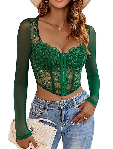Avidlove Women Mesh Top Lace Crop Top Long Sleeve Sheer Blouse Y2K Mesh Shirts Sexy Going Out Tops Club Outfits - Green - Small