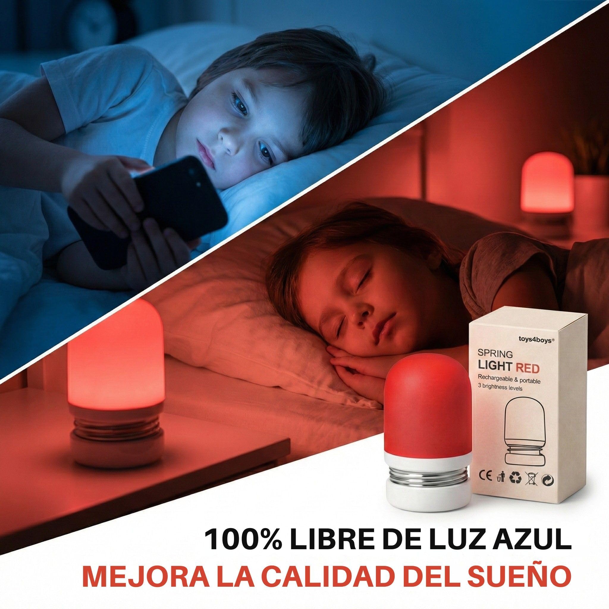 Toys4Boys Luz Nocturna Infantil Roja Para Dormir 620 nm- Lámpara de Noche Led Suave Para Mesita, Habitación de Niños o Bebés - Luz Quitamiedos Ergonómica Que no Interfiere Con la Melatonina
