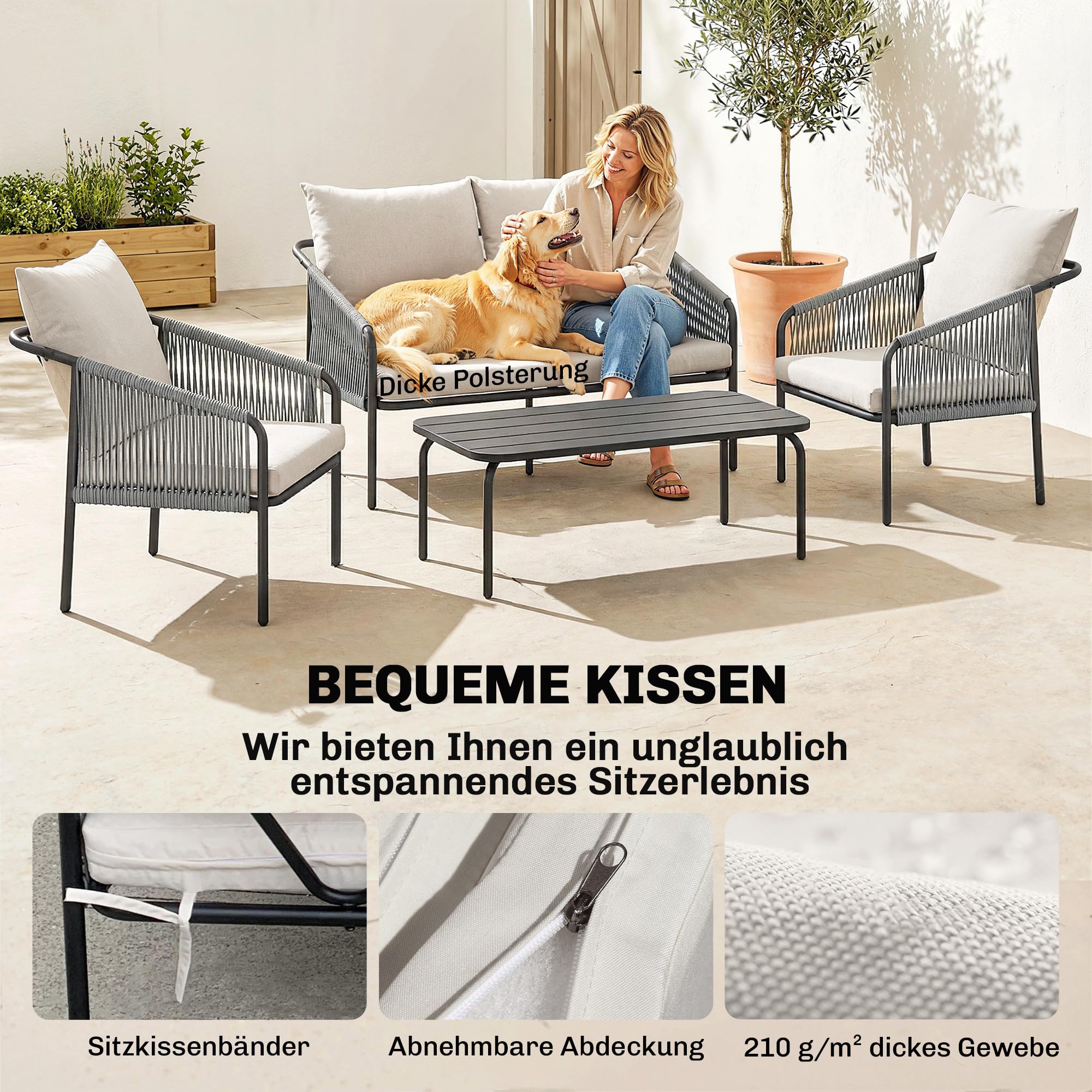 Outsunny Gartenmöbel Set 4-teilig Polyrattan Lounge-Set Zweisitzer Khaki | 2 Sessel, Couchtisch, Abnehmbare Kissen mit Bindebändern, Stahlrahmen, Balkonmöbel für 4 Personen