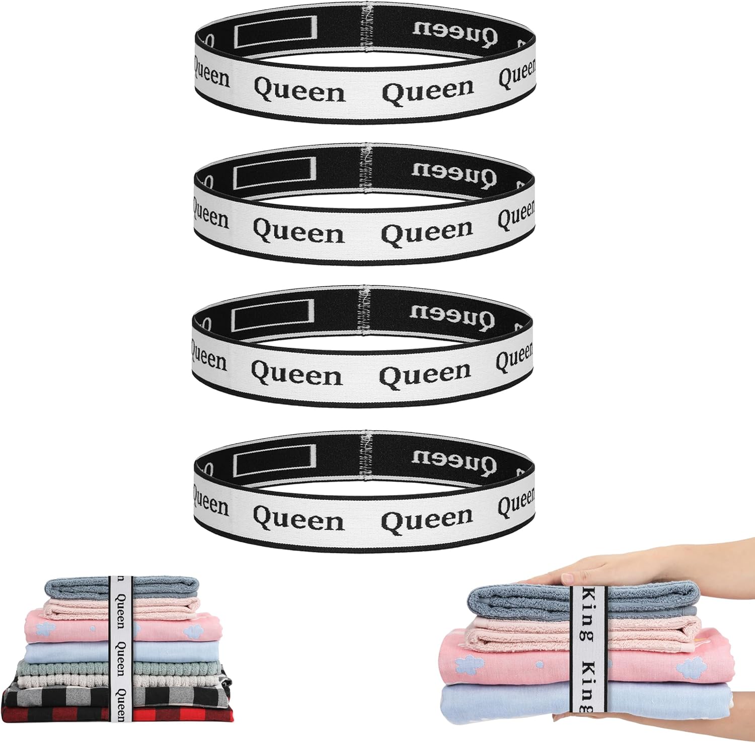4Pcs Bed Sheet Organizer Bands Sheets Labels for Elastic Bedding Linen Closet Storage Foldable Sheet Set Organizer Sheet Keeper Band (Queen)