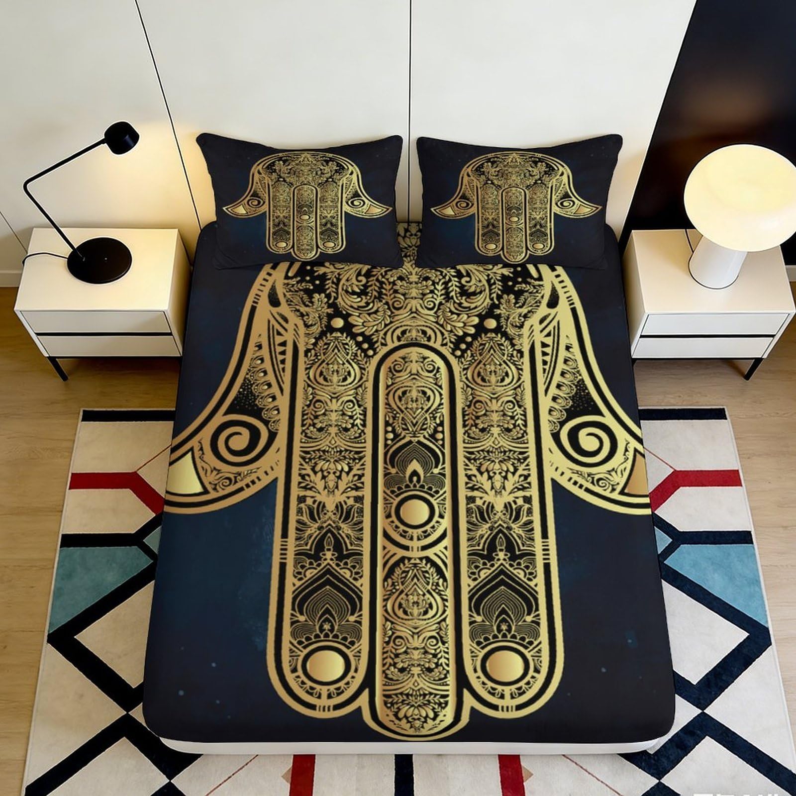 Pnayamiorkfel Style-5 3D Printed Gold Hamsa Hand Fitted Sheet Microfiber Black Mandala Bed Cover Non-Slip Machine Washable Bedroom Decor 90X200x25cm