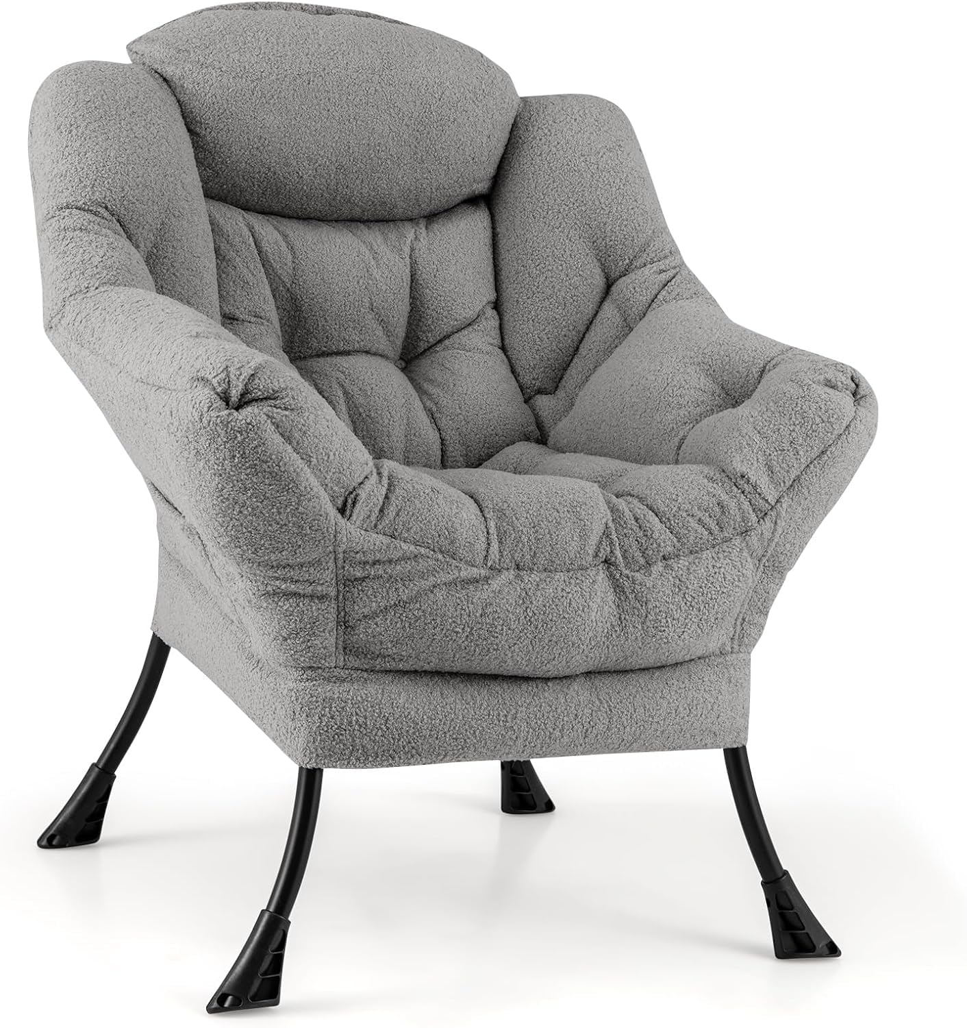 GIANTEX Sillón de Lectura Moderno con Estructura Metálica, 80 x 74 x 97 cm, Silla de Sofá Tapizado de Vellón Falso, Sillón Individual con Reposabrazos y Bolsillo Lateral, para Salón, Oficina (Gris)