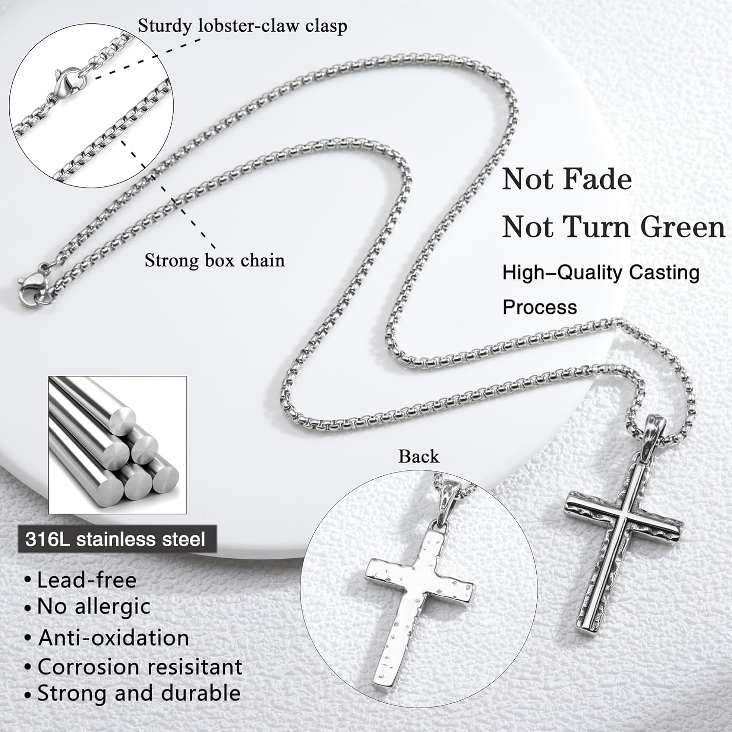 Cross Necklace for Men, Silver Tone Stainless Steel Cross Pendant with Box Chain, Punk Goth Necklace, Gothic Christian Jewelry for Women - Image 5