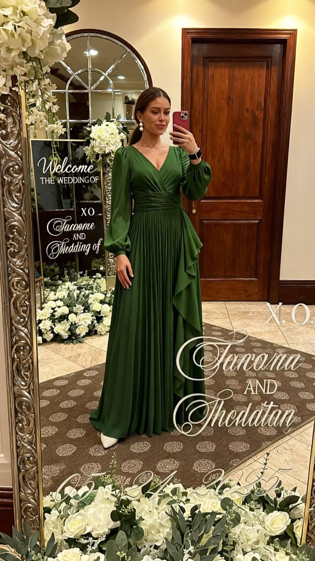 HUINI Langes Ärmel Plissiertes Brautjungfernkleid Chiffon V-Ausschnitt A-Linie formelles Abendkleid mit Taschen