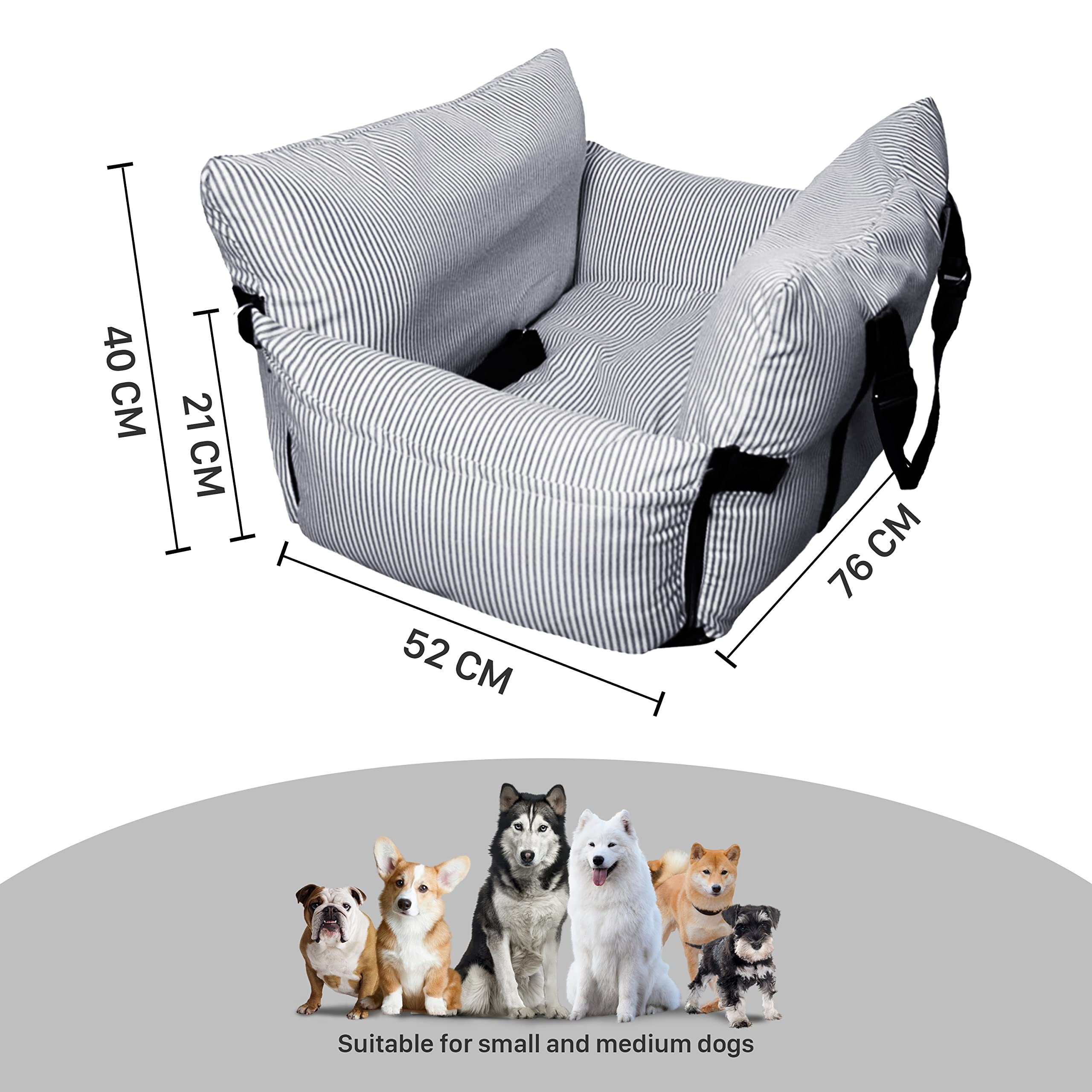 VERCART Siège Auto Pour Chiens Moyens à Grands – Lit De Voiture Sécurisé Avec Laisse Clip Et Poches De Rangement – Rayures Bleu Marine 76x52x40 Cm