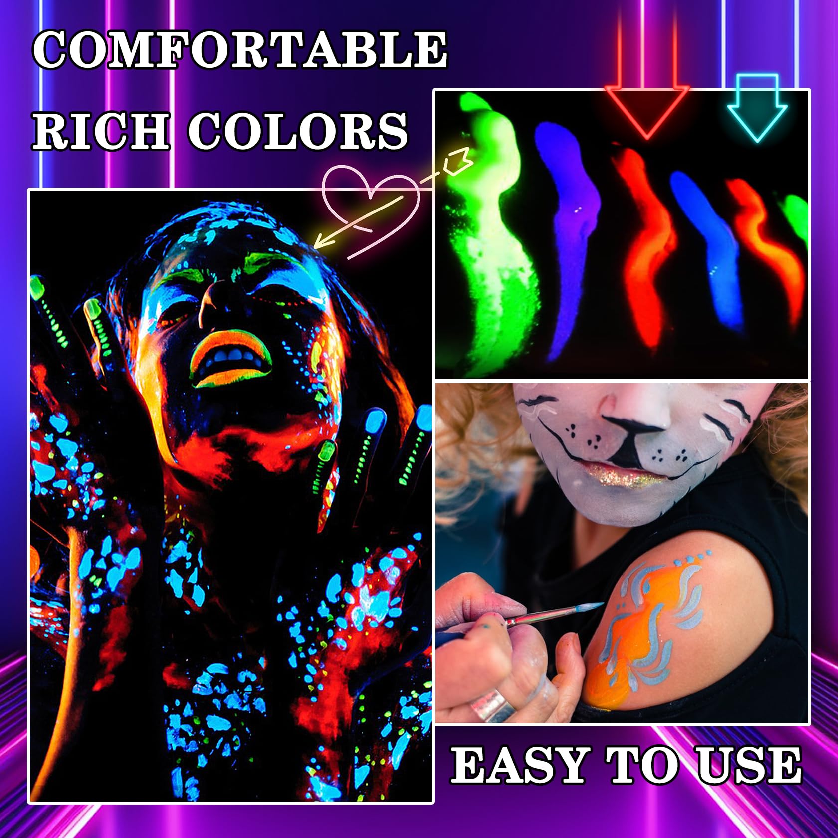 Juego de pintura facial y corporal de 6 colores que brillan en la oscuridad, crema de Halloween para piel, kit de pintura profesional para fiestas, cosplay, maquillaje negro resplandor SFX, 0.3 fl oz 7