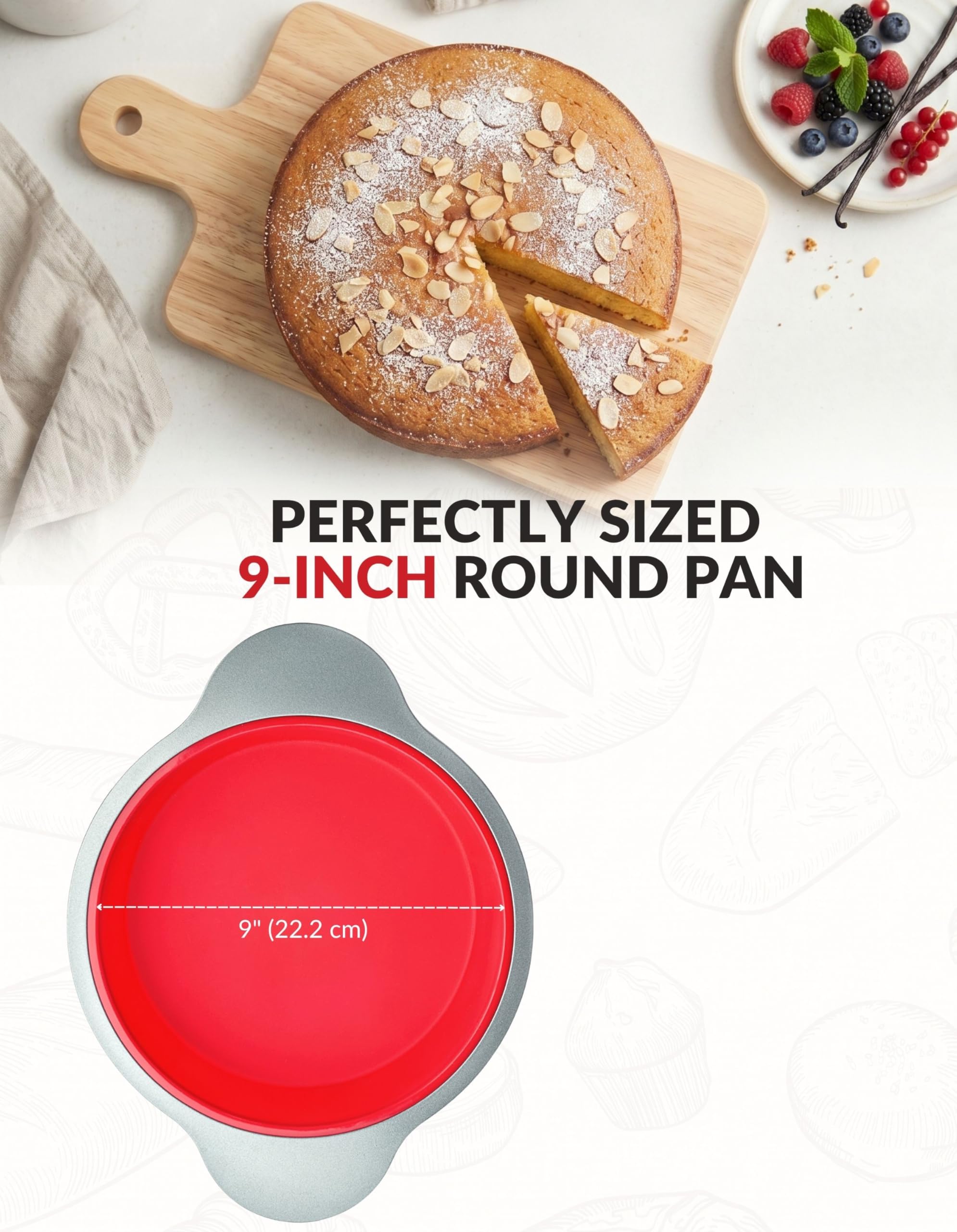 Boxiki Kitchen Moule à Gâteau Rond en Silicone avec Revêtement Antiadhésif de 22,9 cm de avec des Poignées en Cadre en Acier - Parfait pour Cuire des Gâteaux Ronds Délicieux.