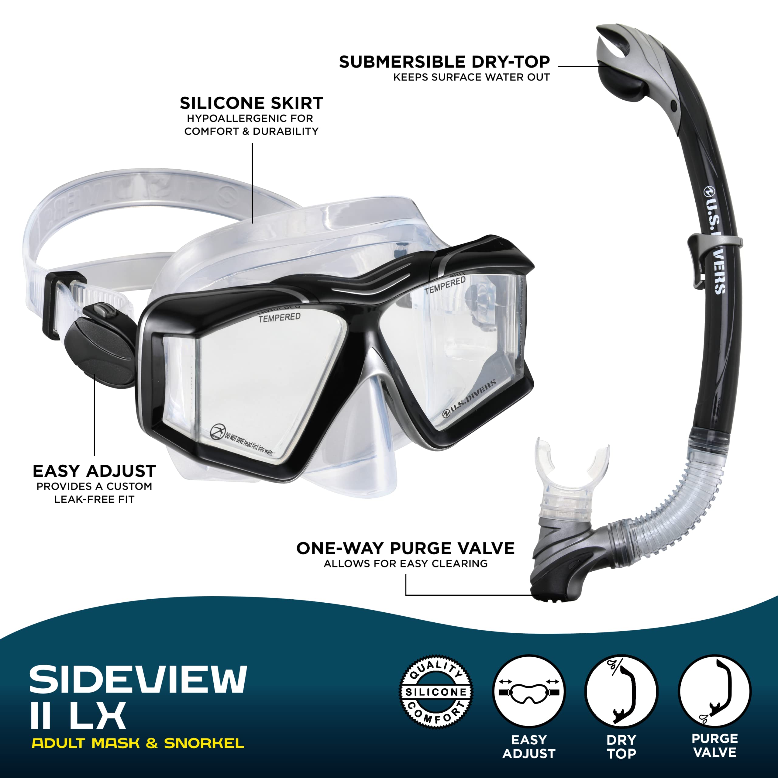 US.Divers Combo SIDEVIEW - Kit per immersioni per adulti, maschera e boccaglio con visione a 180°, protezione UV, lenti antiappannamento, boccaglio con spurgo, visione, uomo e donna, silicone