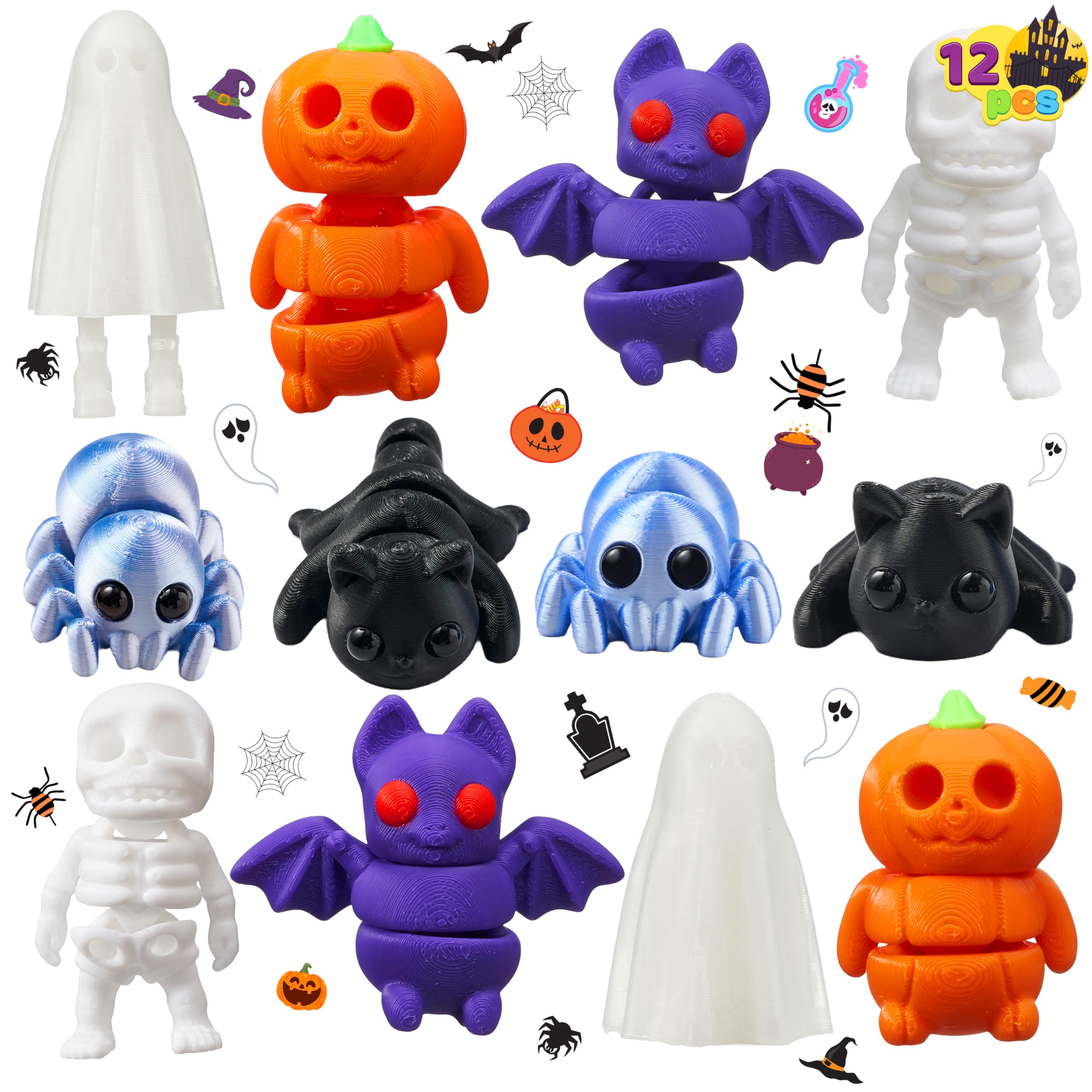 JOYIN Halloween 3D Printing Toys 12pcs 3d Printed Figurine with Bat Black Cat Spider Pumpkin Man Skeleton Little Devil 3d Printed Animals for Halloween Decoration