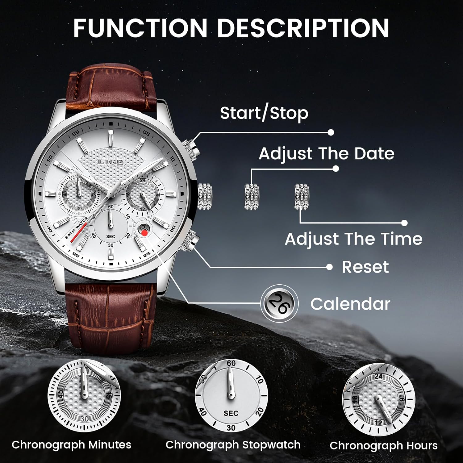 LIGE Wrist Leather Watches for Men Analog Dress Chronograph Waterproof Vintage Work Casual Quartz with Date Display Chronograph Luminous 30M Water Resistant Business Classic Mens Watch - Image 4