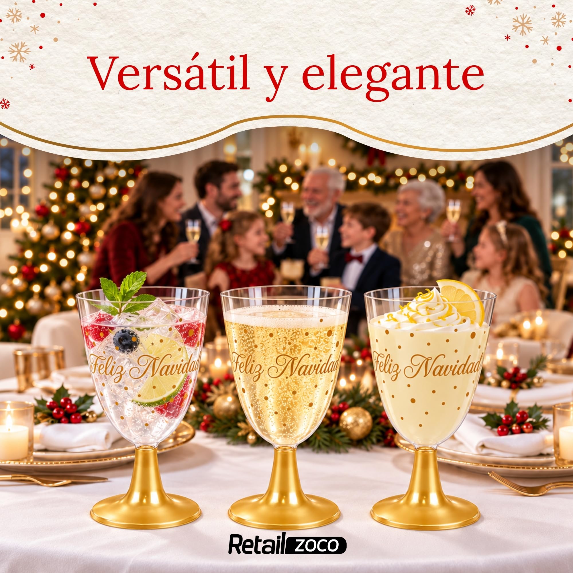 Copas de agua, Copa Vino, Plástico, Diseño Feliz Navidad, Pack 3 unidades - imagen 5