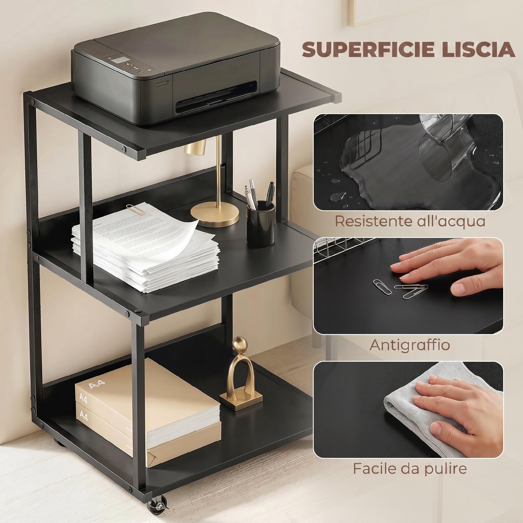 HOMCOM Carrello Porta Stampante a 3 Livelli, Supporto Stampante con Ruote con Freno, Salvaspazio in Metallo e Legno, per Casa, Studio, Ufficio, Industriale, 50x40x75cm, Nero