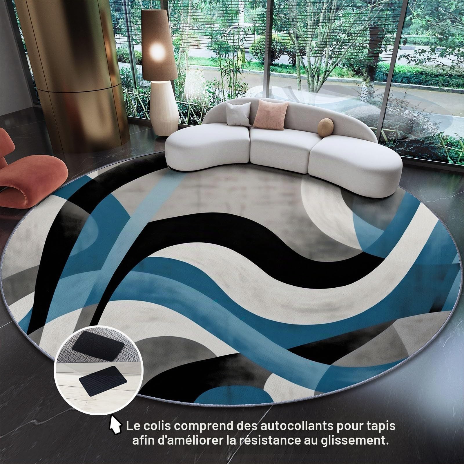 Générique Tapis Rond Salon 120 cm - Imprimé Moderne Abstrait Rayé Antidérapant Flanelle Douce Rond Tapis de Sol Décoration, Circulaire pour Salon Chambre Cuisine Bureau Couloir, Gris-Bleu