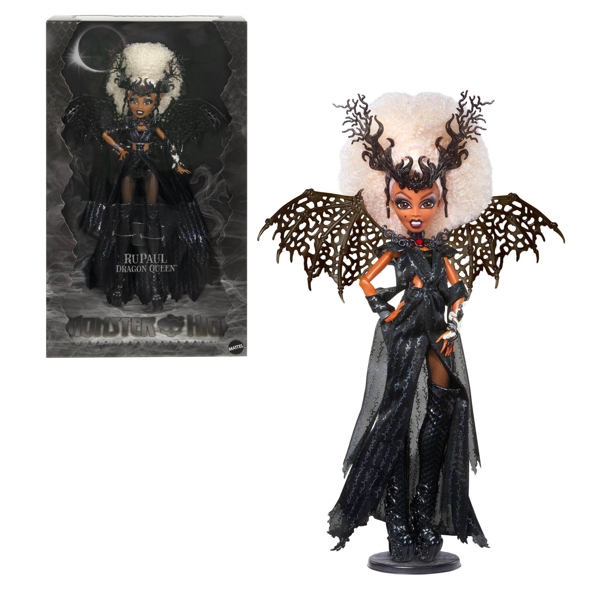 Monster High Rupaul Dragon Queen Doll Collector European Version with Shiny Black Dress, Short Boots, Wings and High-End Packaging, JCW57