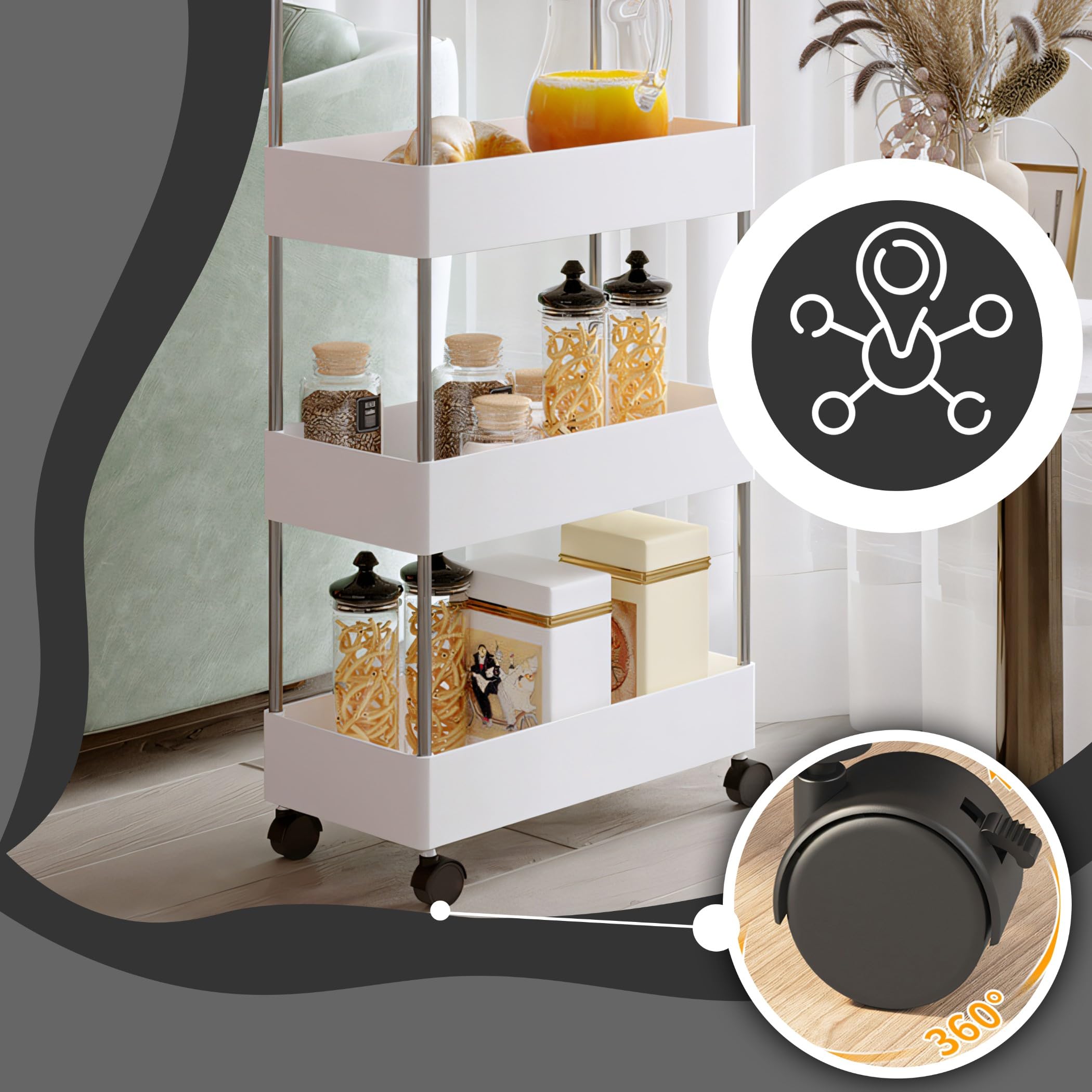Retoo Carrello da cucina a 4 ripiani, carrello da cucina su rotelle, scaffale per nicchia, mensola da bagno, mensola per cucina, bagno, camera da letto, ufficio, cameretta dei bambini, 65 x 11,5 x