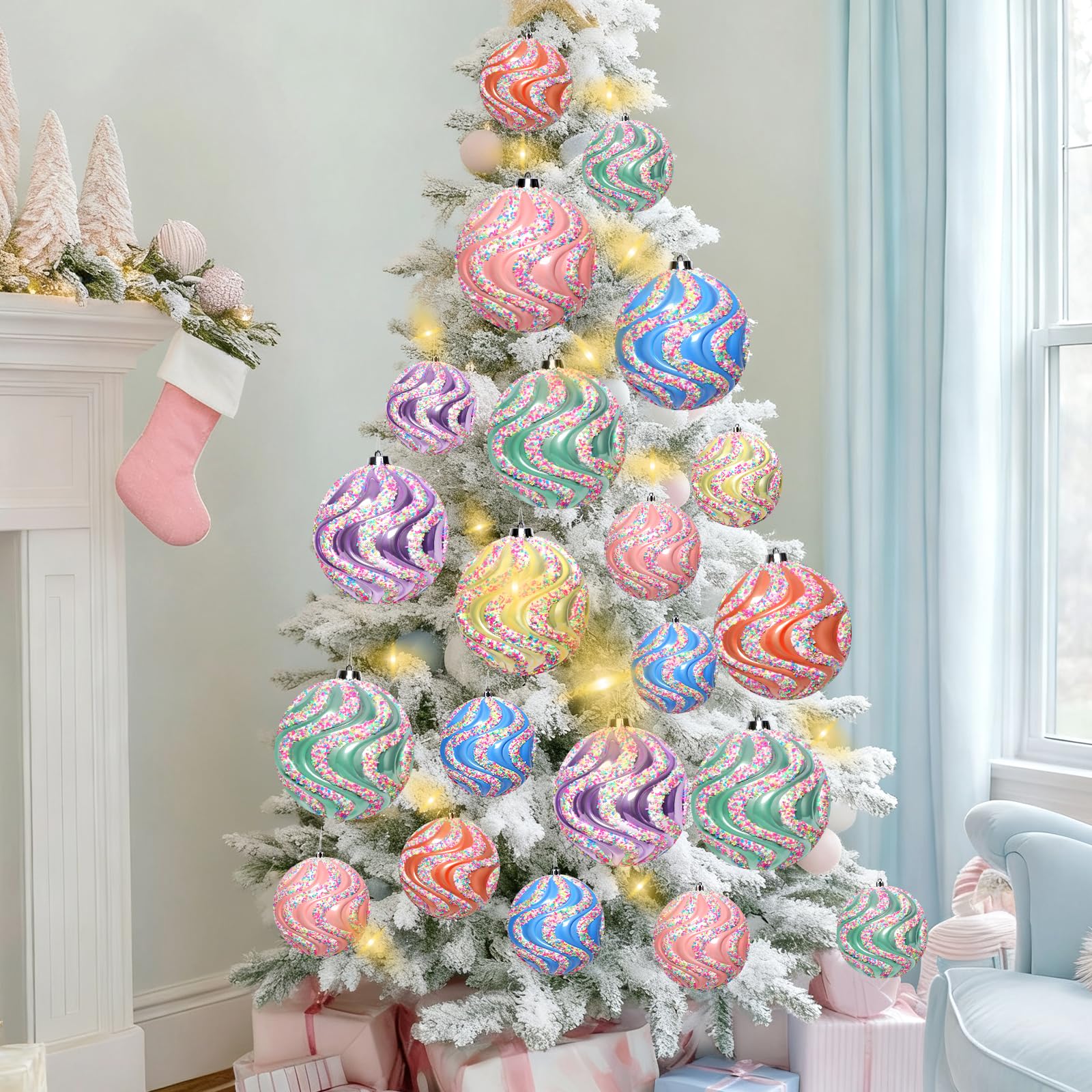 Lanpn 6 Pcs 15cm Grosse Boule de Noel Pastel Exterieur, Grande Boules Sapin Noël en Plastique, Boule Grande Incassables avec Fil Suspension, Décoration Bonbon de Arbre de Noël Jardin Pelouse Fêtes