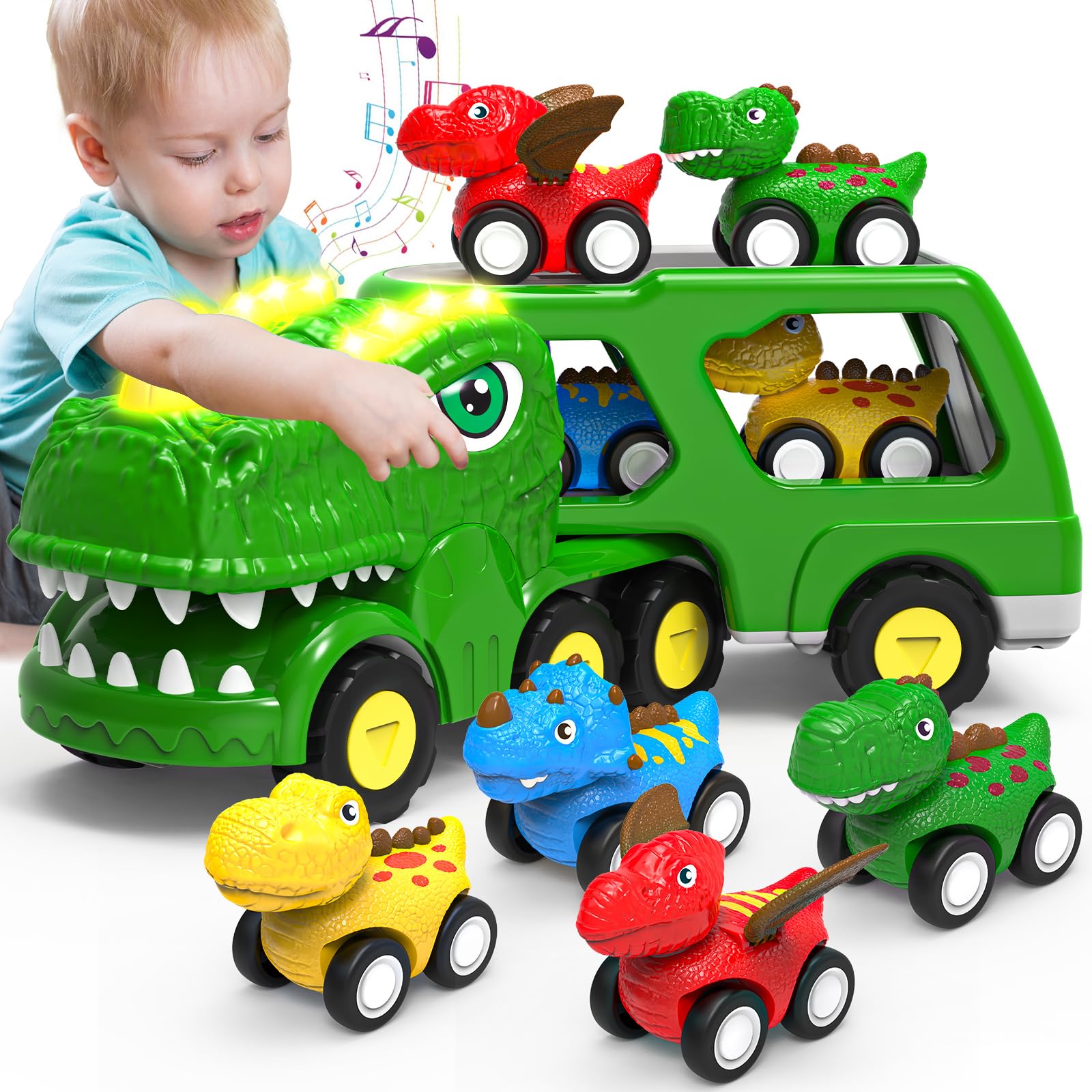 HEGUD Toddler Car Toys for 1 2 3 4 5 Year Old Boy, 5-in-1 Dinosaur Vehicle Trucks Toys with Sounds & Lights Toddler Toys for Boys 4-7 Dinosaur Toys for Kids 3-5