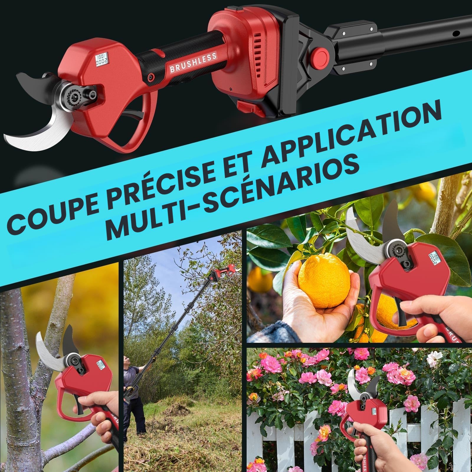 Sécateur Électrique Sans Fil avec Écran et Boîte de rangement, 50MM Secateur Electrique 2-en-1 Extensible Jusqu'à 2,3 m, Secateur Telescopique Electrique pour Jardinage, Ferme, Arbres fruitiers