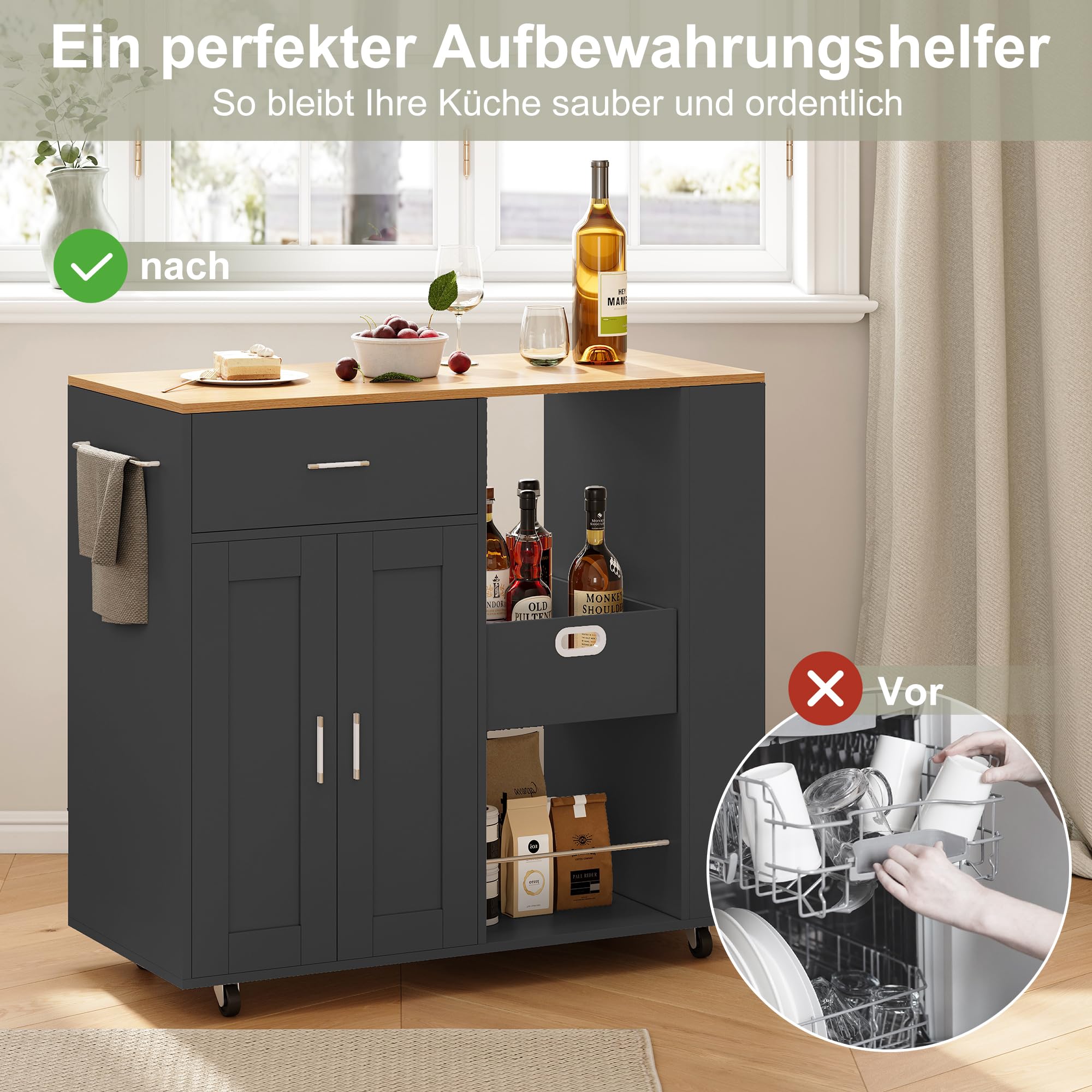 Wózek kuchenny z dębowym blatem roboczym 102 x 46 x 92 cm, wózek z półką boczną, kredens, wyspa kuchenna, szafka kuchenna i wózek do serwowania na kółkach, mobilny wózek do przechowywania w