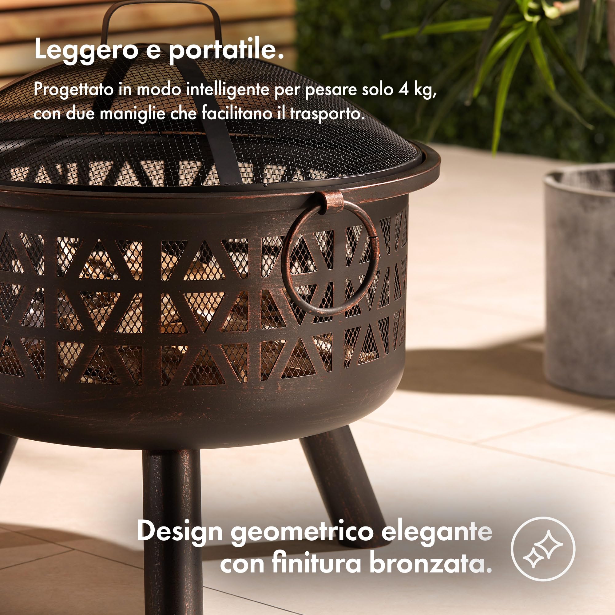 Vonhaus Braciere per esterni, giardino e patio – portatile e leggero, in acciaio bronzato marrone, attizzatoio, rete protettiva e maniglie, legna o carbone (Design Geometrico in Marrone)