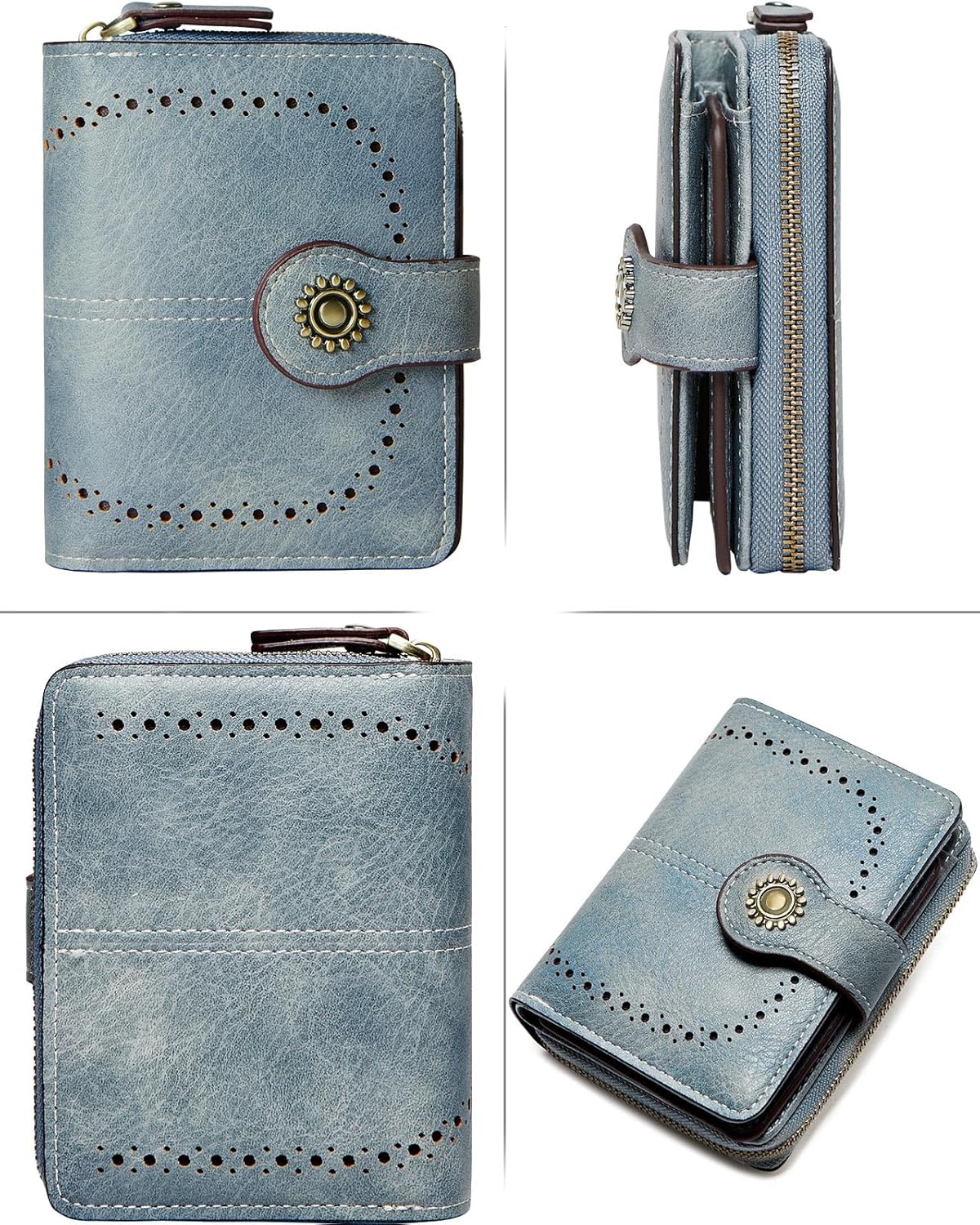 Small Womens Wallet Leather RFID Blocking Bifold Compact Card Holder Ladies Zipper Accordion Pocket with ID Window Blue - Image 8