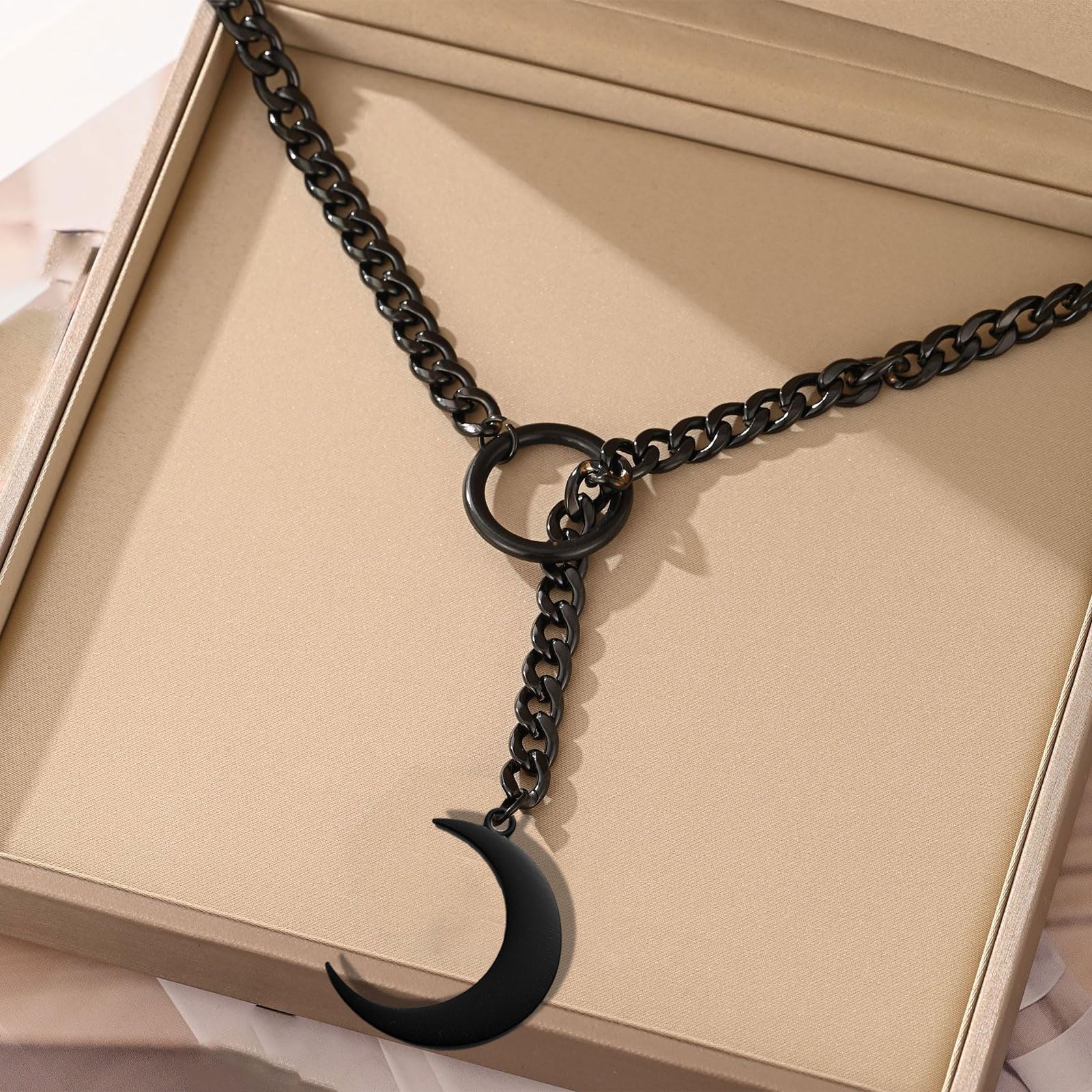 Black Gothic Necklace for Women Moon Stainless Steel Slip Chain Long Choker Chunky Goth Y Punk Necklace Jewelry Gift: Black Moon