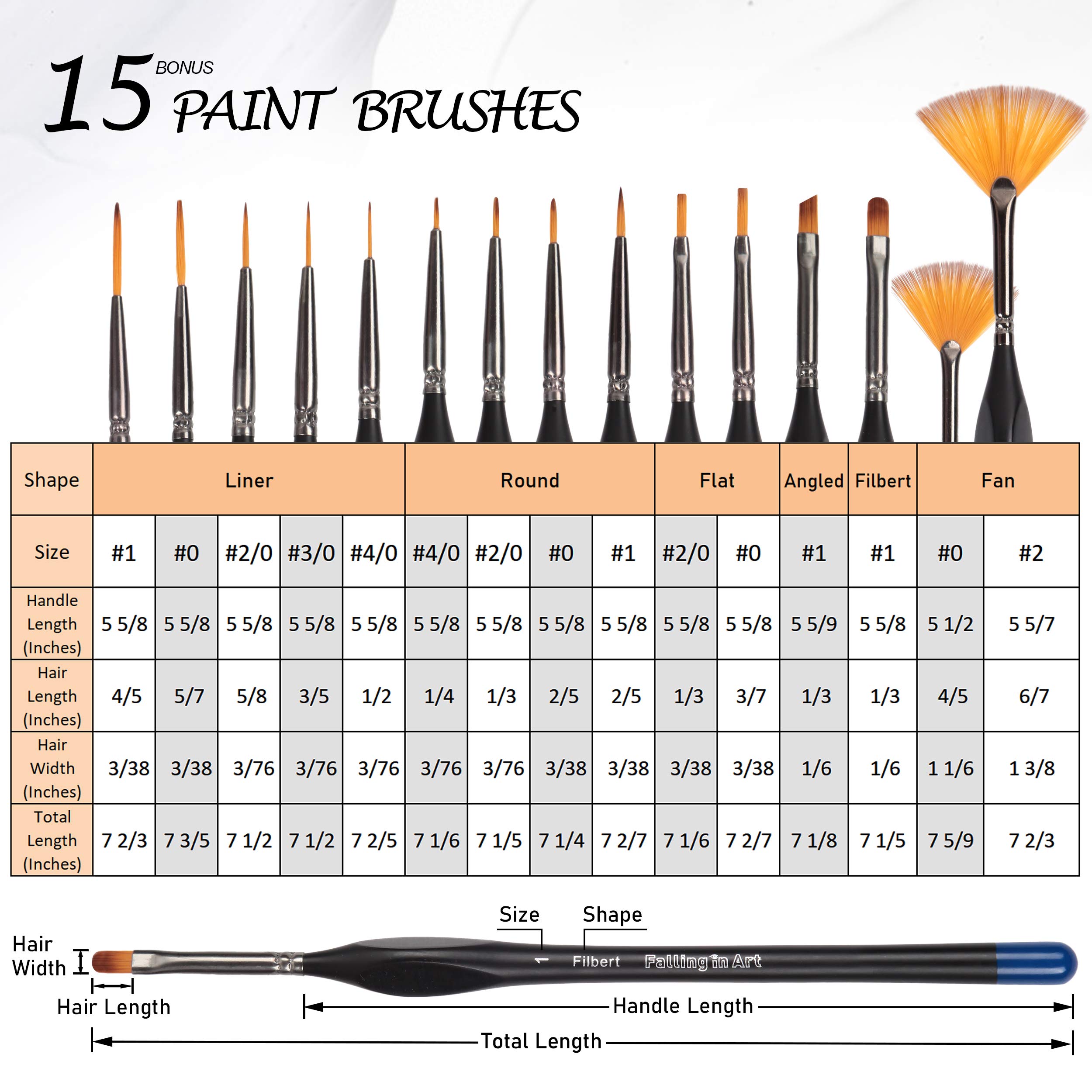 Falling in Art Flat and Round Tips White Sable Paint Brush Set - 18PCS Artist Face Paint Brushes, Short Handled Nylon Brushes Set for Watercolor, Oil, Acrylic, Craft, Gouache