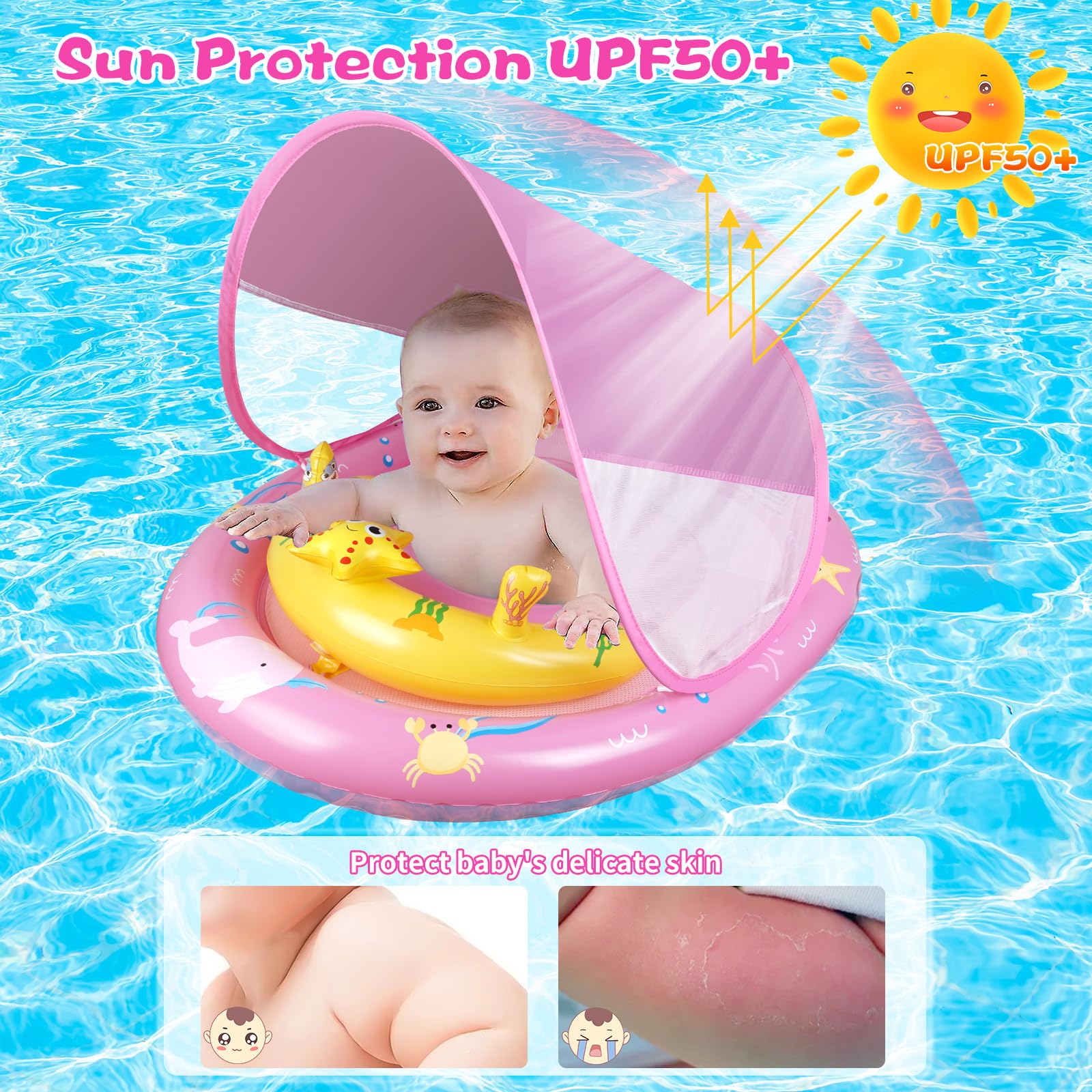Baby Pool Float with UPF50+ Sun Canopy, Baby Swimming Float with Adjustable Safety Seat - Image 4