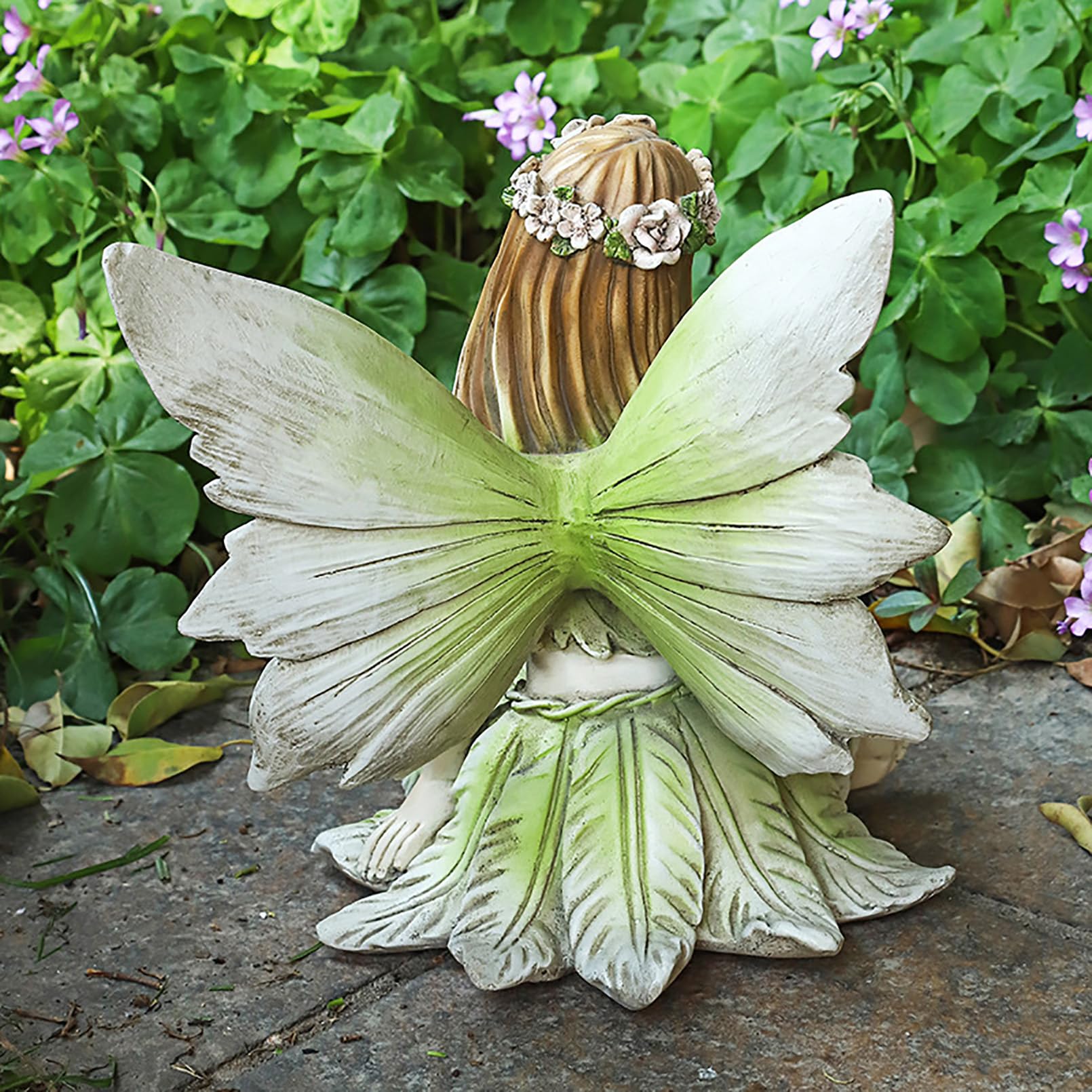 Elfen Figuren Feen Statue Harz Gartenfiguren & gartenstatuen Gartendeko für draußen,Europäische kreative Gartenfeen-Ornamente,Sitzende Elfen Skulptur mit Flügeln H 26cm,Grün,D