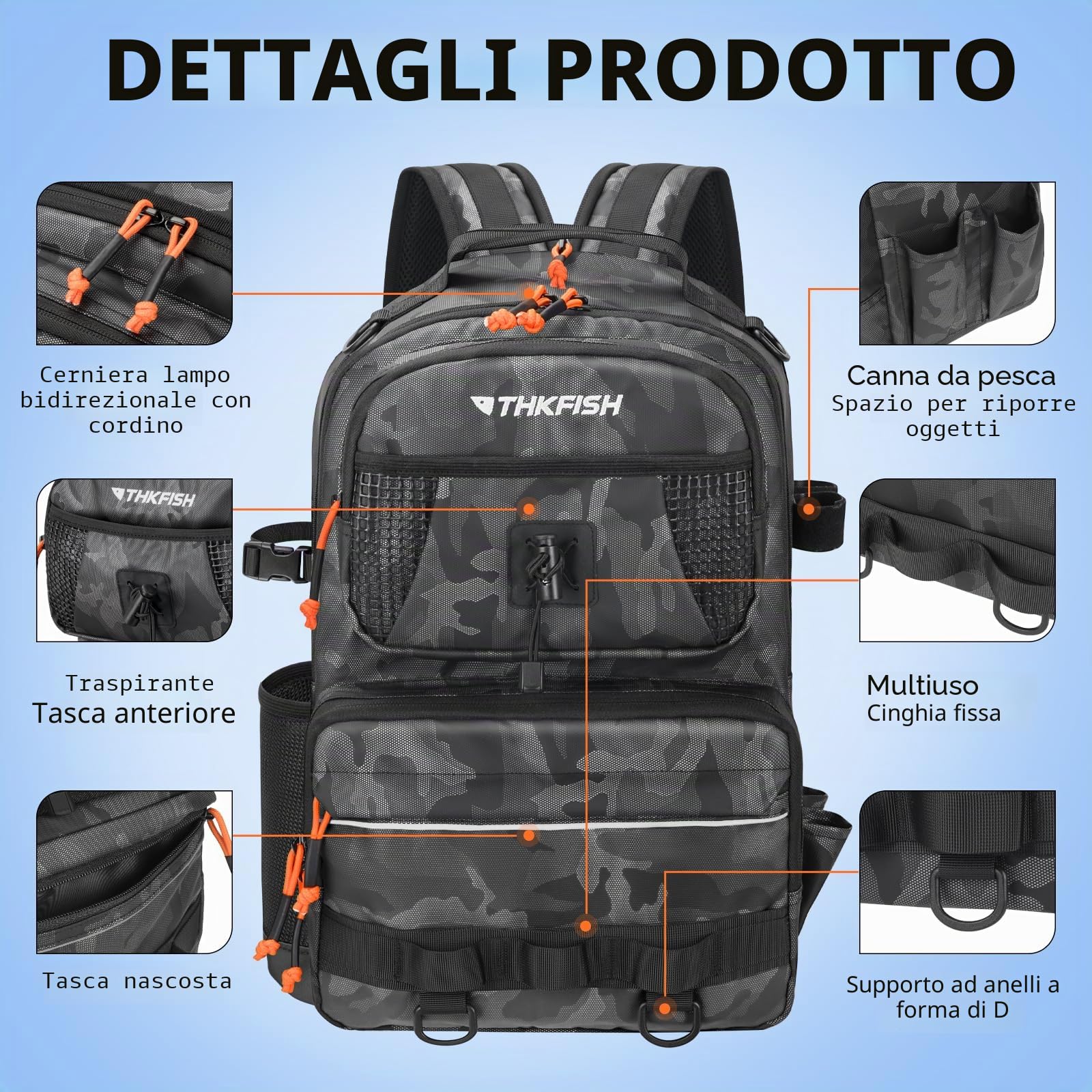 THKFISH Set di esche da pesca con scatola per esca, tessuto Oxford 600D, impermeabile, con scomparto regolabile, per attrezzi da pesca, campeggio, escursionismo, viaggi, mimetico