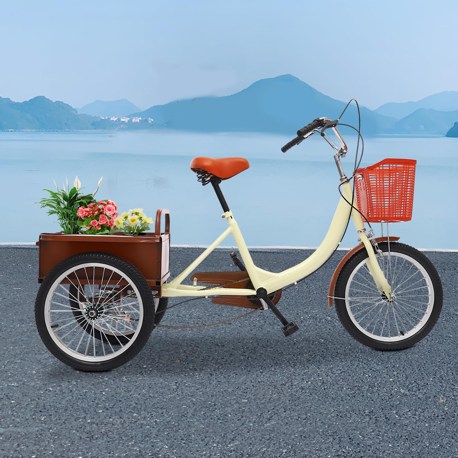 MINRS Triciclo para adultos, 18 pulgadas, altura ajustable, 3 ruedas, bicicleta de compras City con cesta de la compra, triciclo de crucero para adultos, triciclo para actividades al aire libre