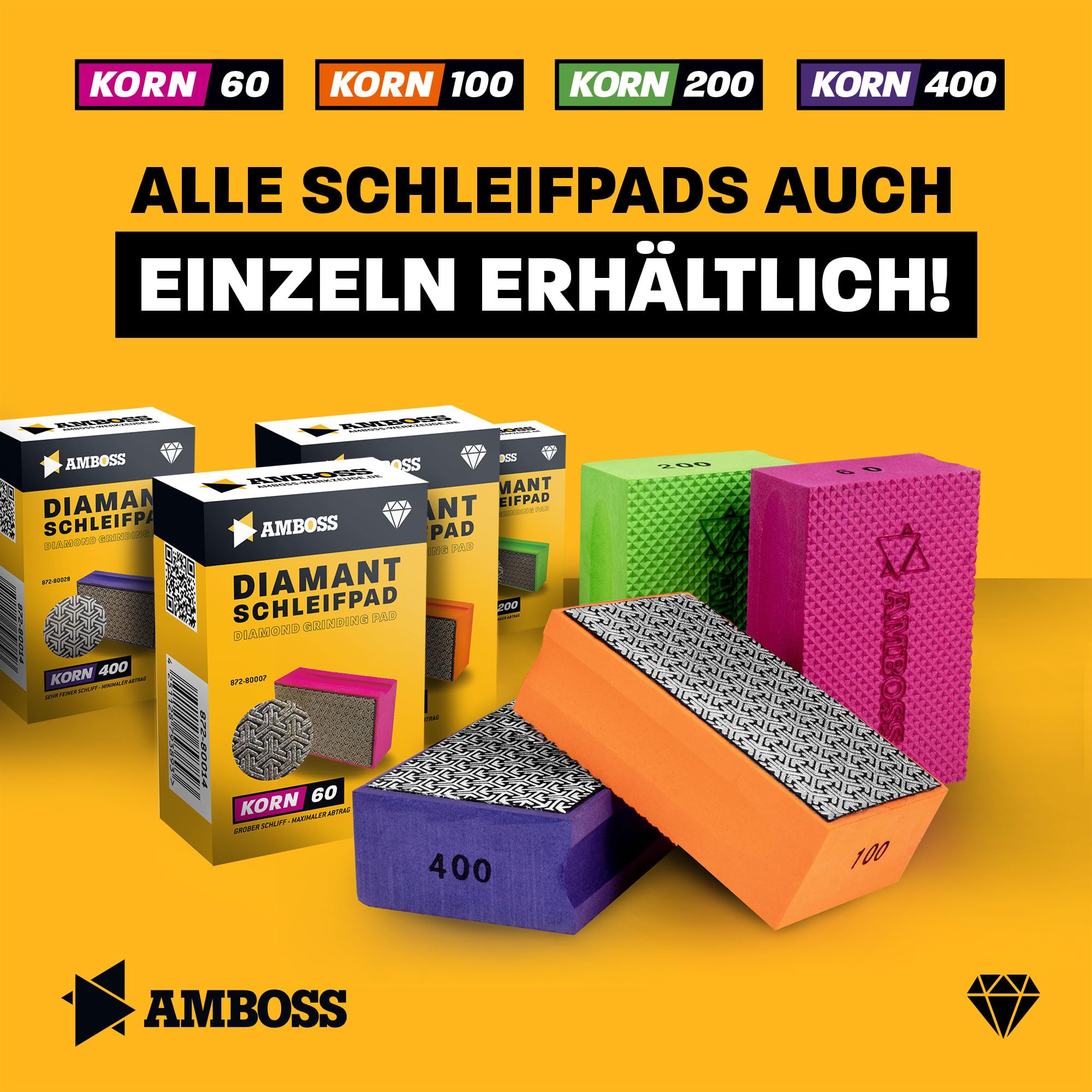 Amboss Werkzeuge Juego de bloques de lija de grano: 60-400 – Almohadilla de lija de diamante, adecuado para azulejos + gres porcelánico + vidrio + granito + mármol