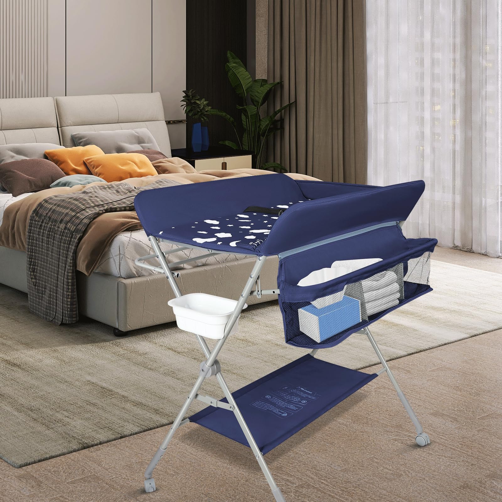Table à Langer Pliante avec Panier de Rangement à Côté Structure en Fer Charge Max 25KG pour Nouveaux-Nés Design Ergonomique, De la naissance à 12 mois 80 * 58 * 90 cm-bleu marine