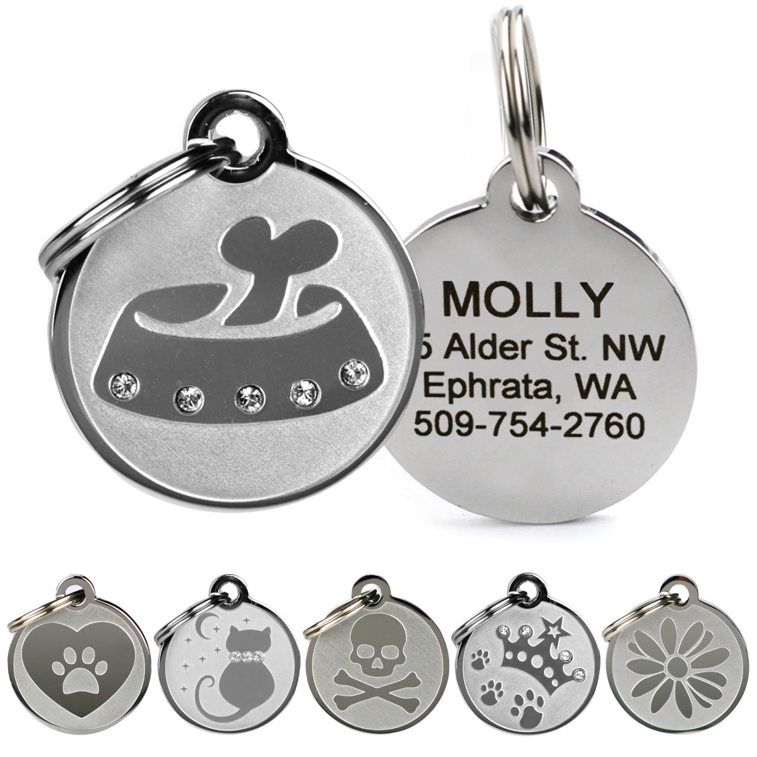 GoTags Designer Pet ID Tags in Stainless Steel for Dogs and Cats, Custom Engraved with 4 Lines of Personalized ID, Cute, Unique Pet Tags in Several