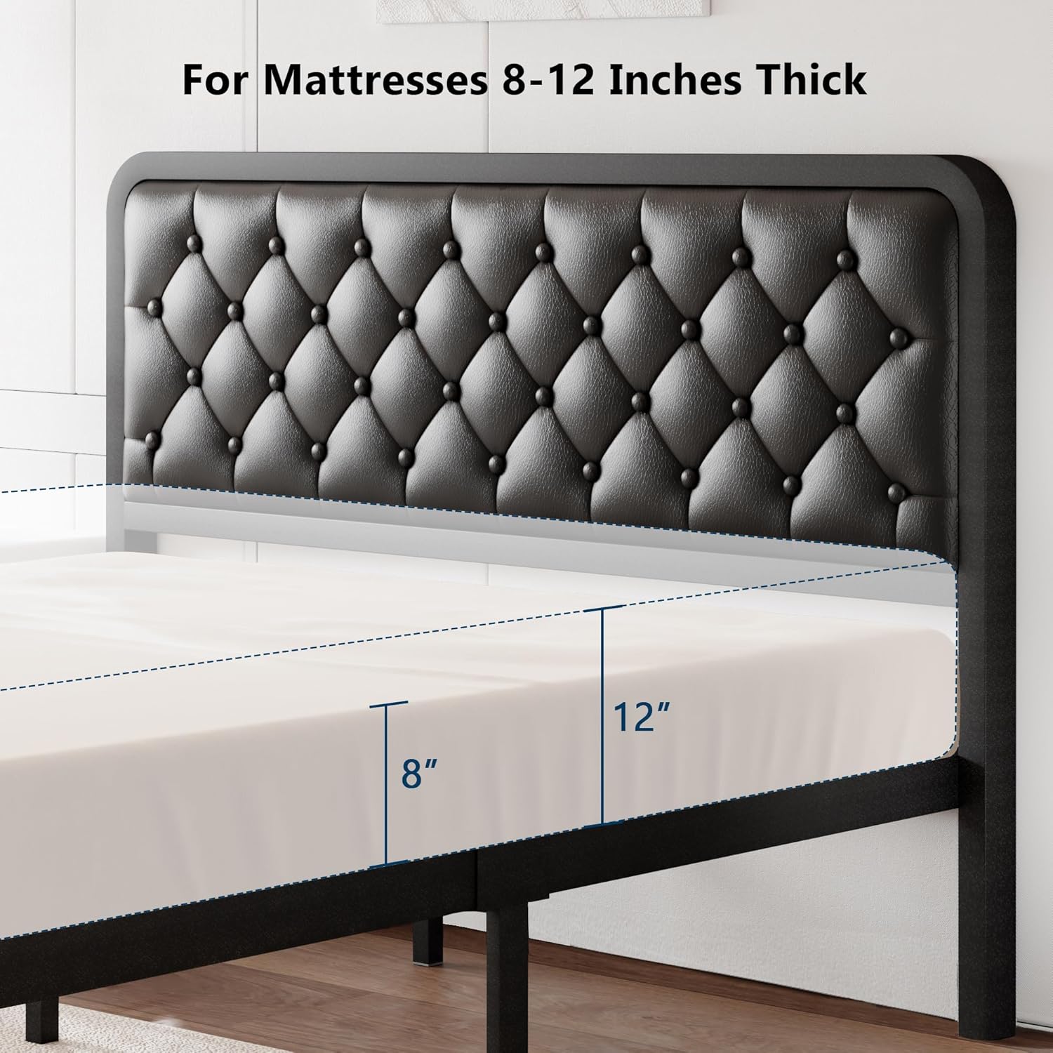 Diagram illustrating recommended mattress thickness of 8-12 inches for the bed frame