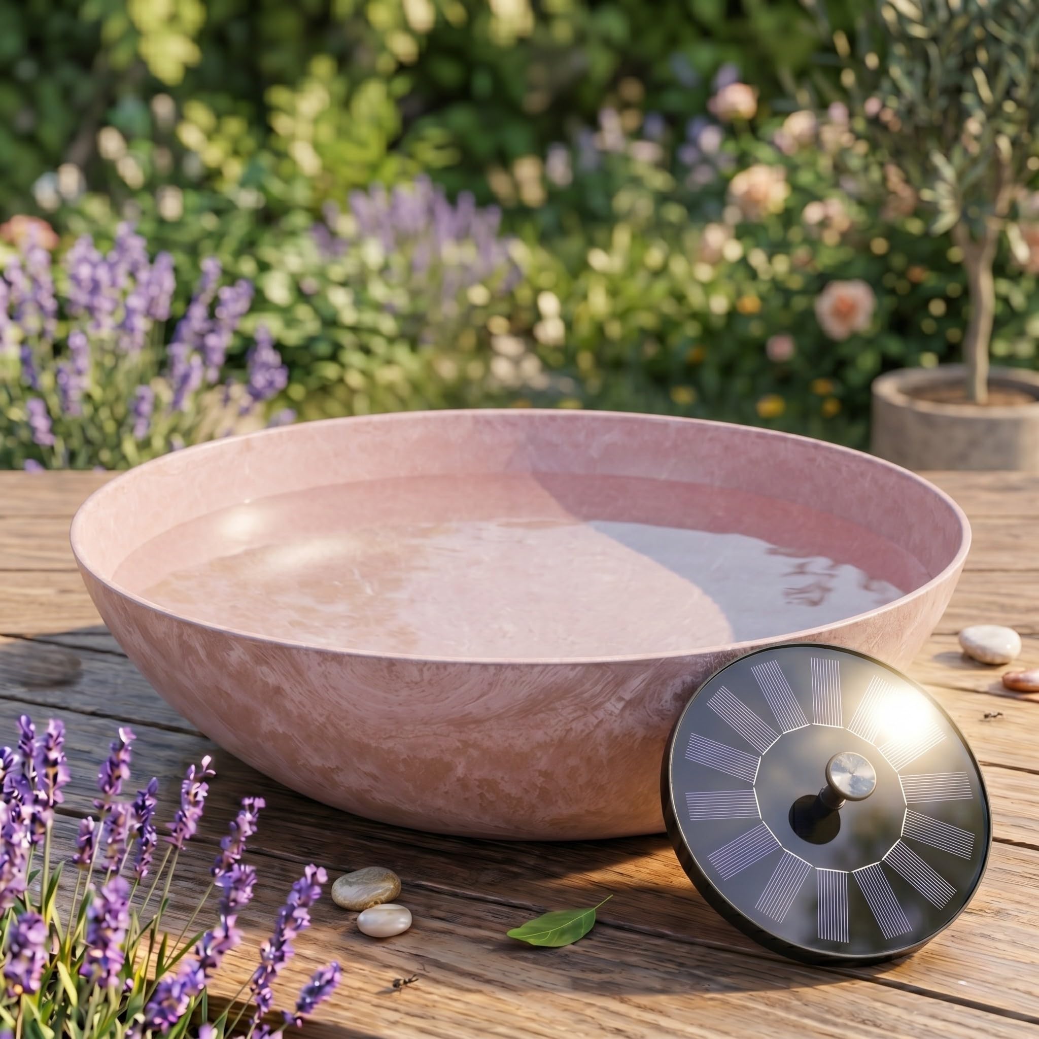 matches21 HOME & HOBBY Outdoor Solar Fountain Set with Battery – 45 cm Bowl Pink with Floating Solar Fountain